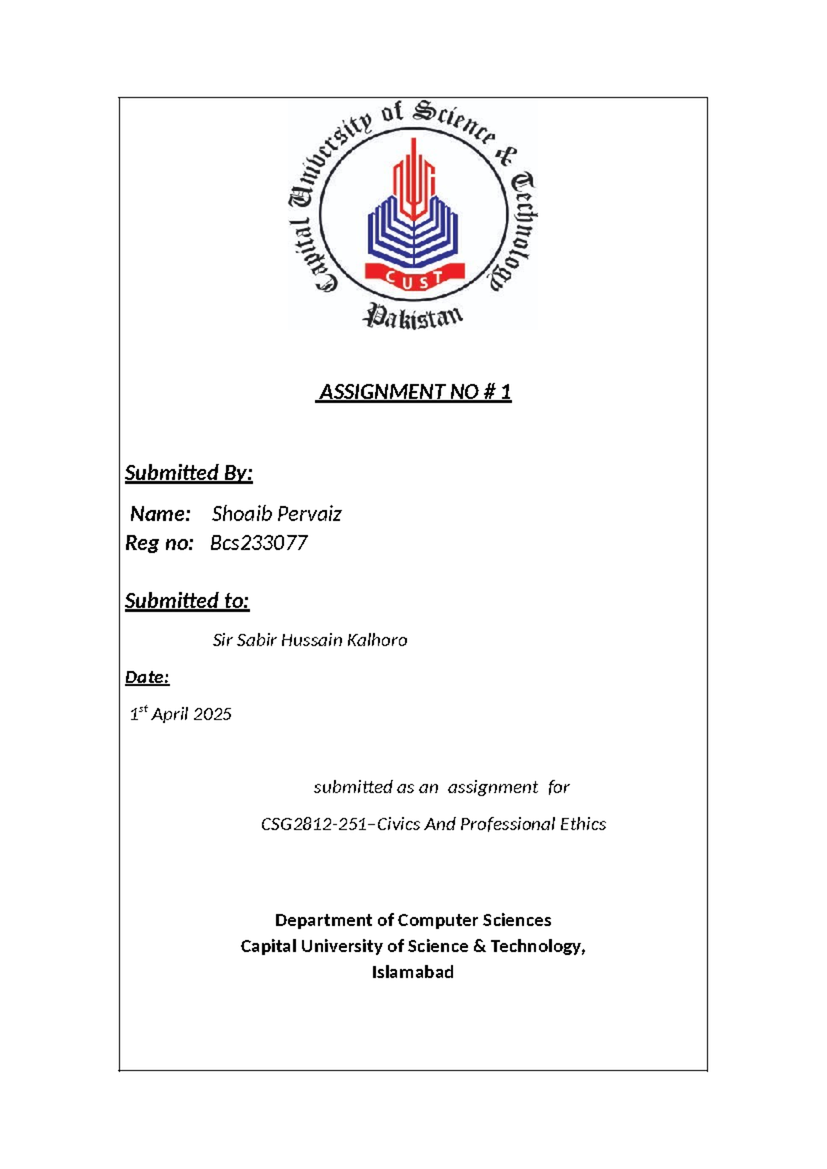 Shoaib Pervaiz-Bcs233077 Civics ass no 1 - ASSIGNMENT NO # 1 Submitted ...