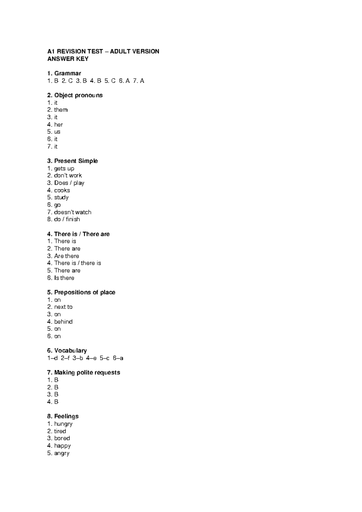 A1 Revision Test Adult Version Answer Key - Studocu