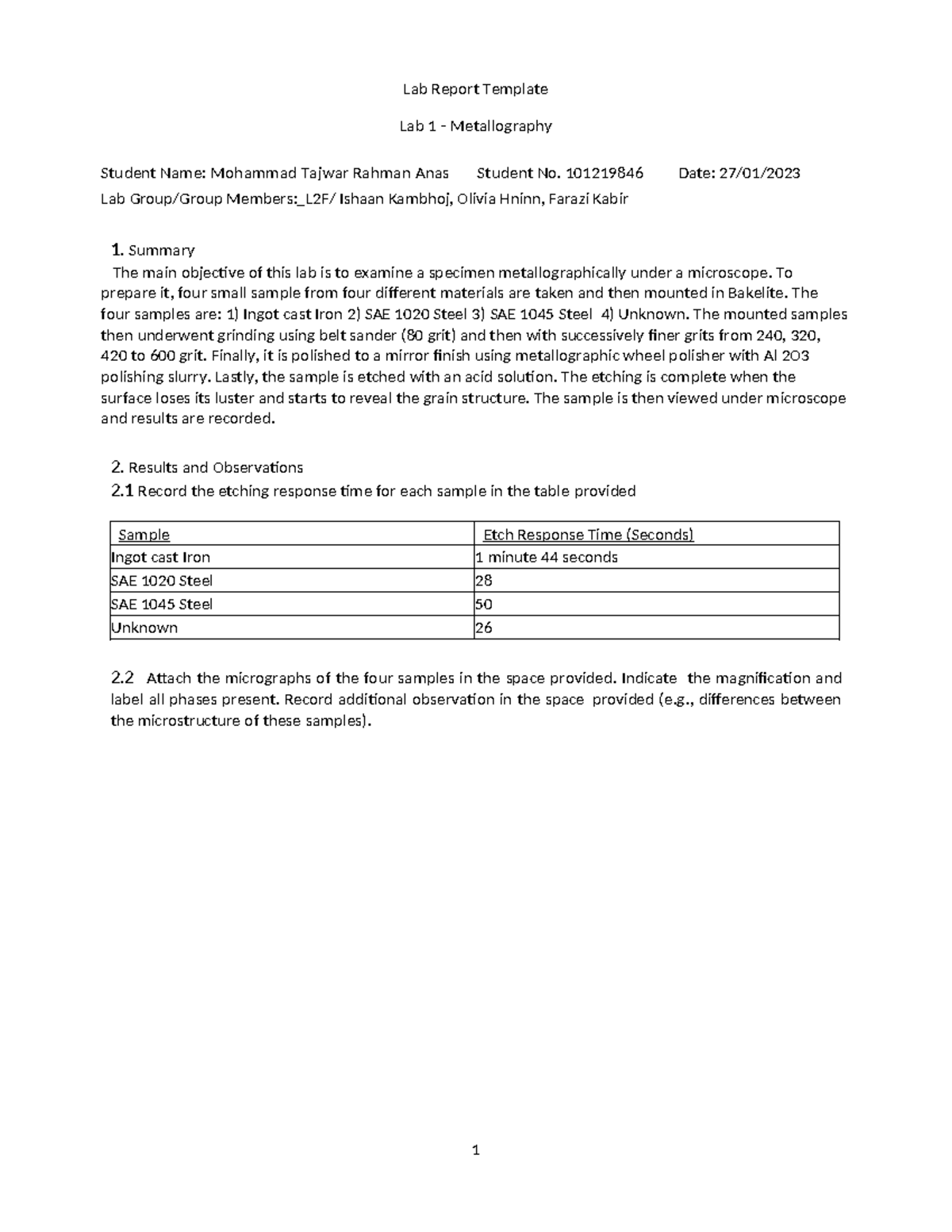 Material Science MAAE 2700 LAB1 - Lab Report Template Lab 1 ...