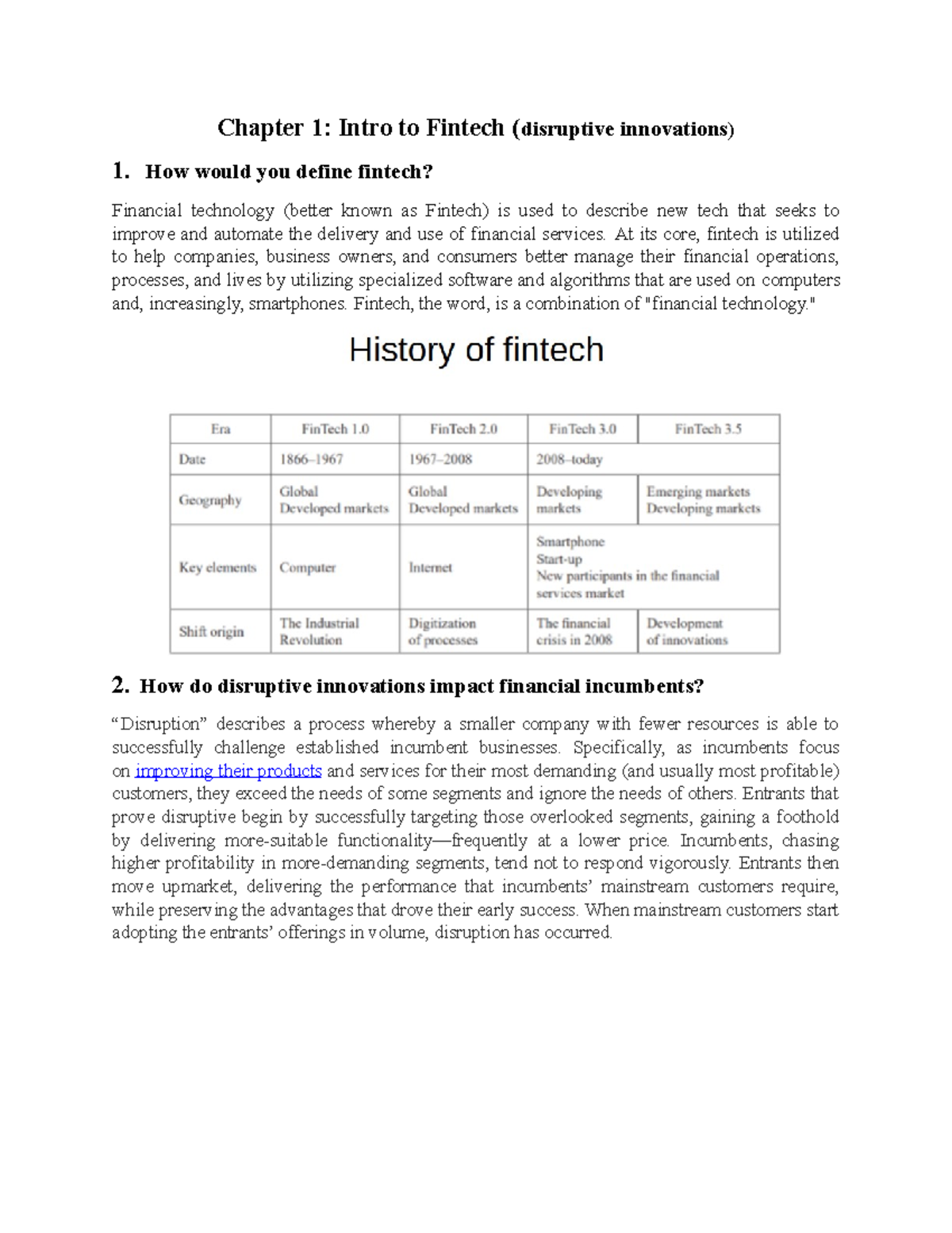 Fintech Exam Notes: Chapter 1 - Intro & Disruptions (BIA 1 6) - Studocu