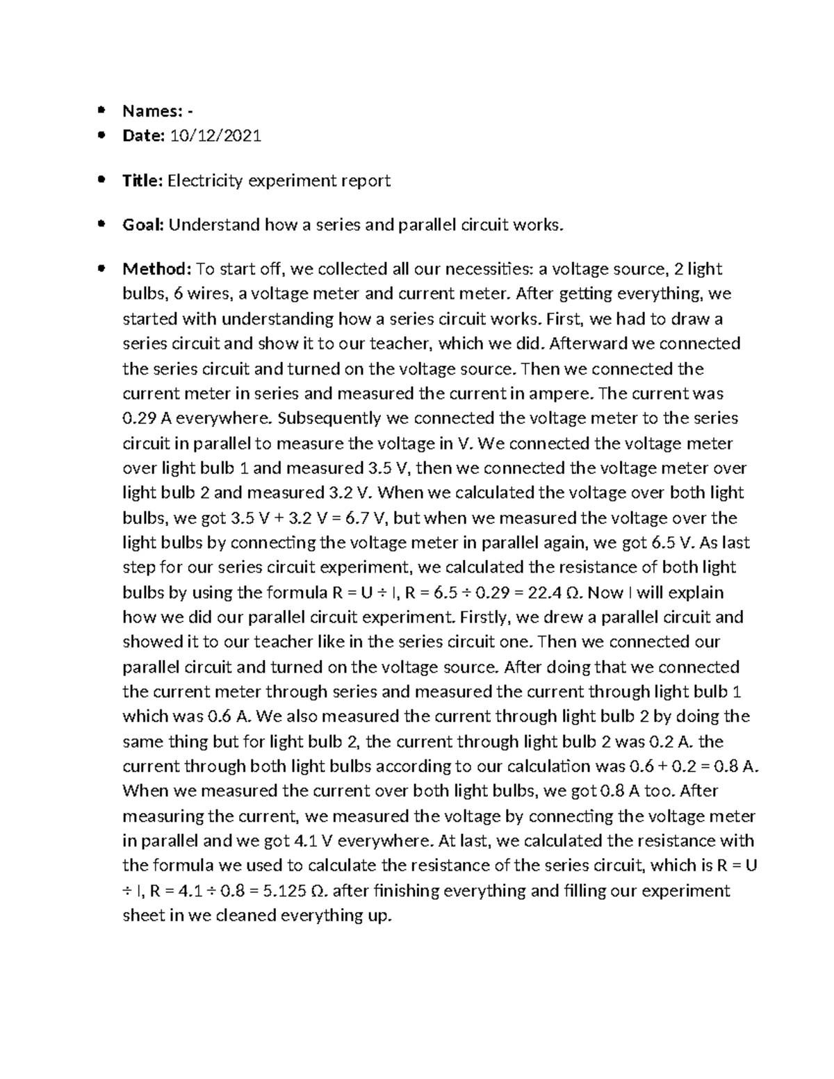 Electricity Experiment Report: Series & Parallel Circuits Analysis ...