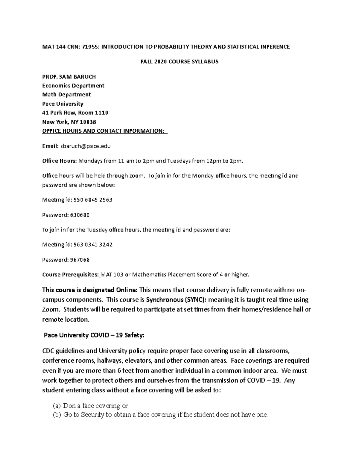 MAT 144 Fall 2020 Syllabus: Intro to Probability & Statistical ...