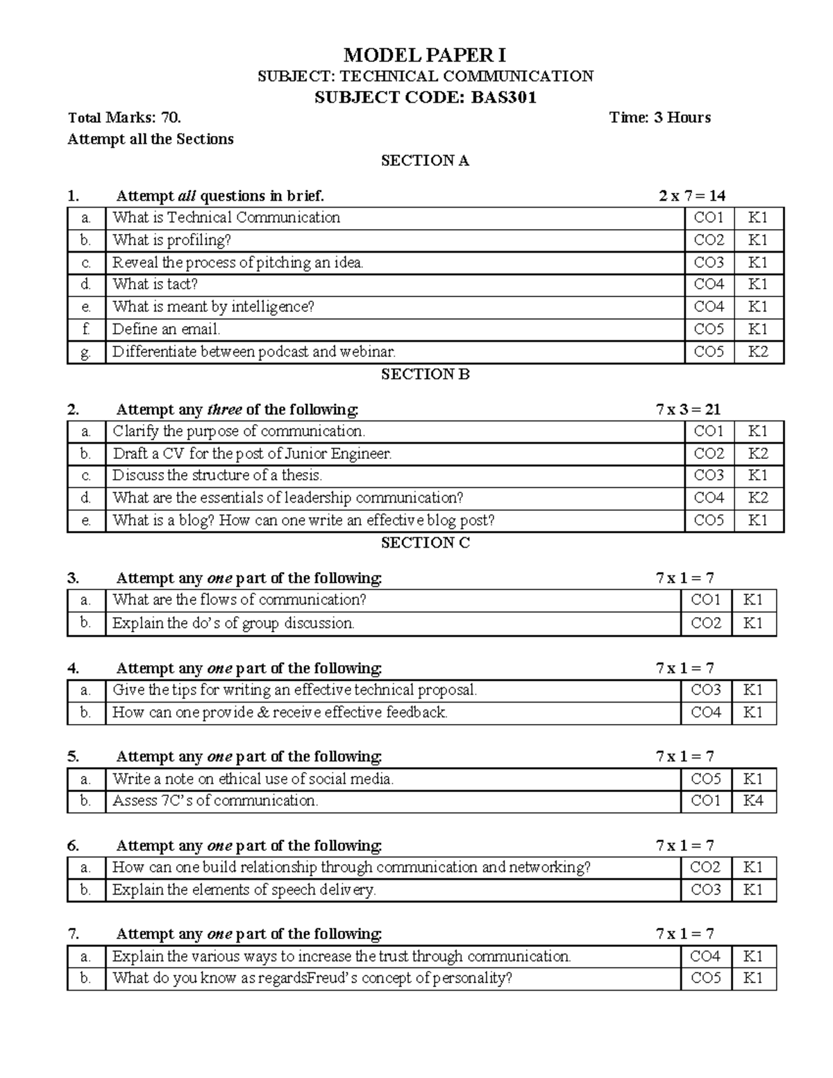 Model Paper I & II: Technical Communication BAS301 - Total Marks: 70 ...
