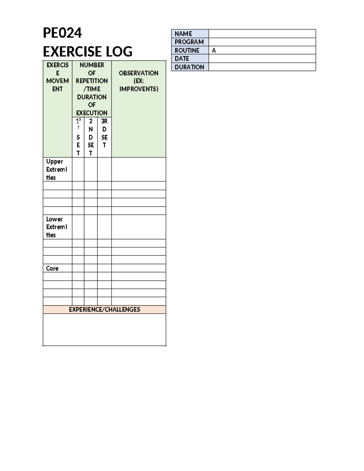PE024 Exercise Log Template - Fitness Exercises - PE EXERCISE LOG ...