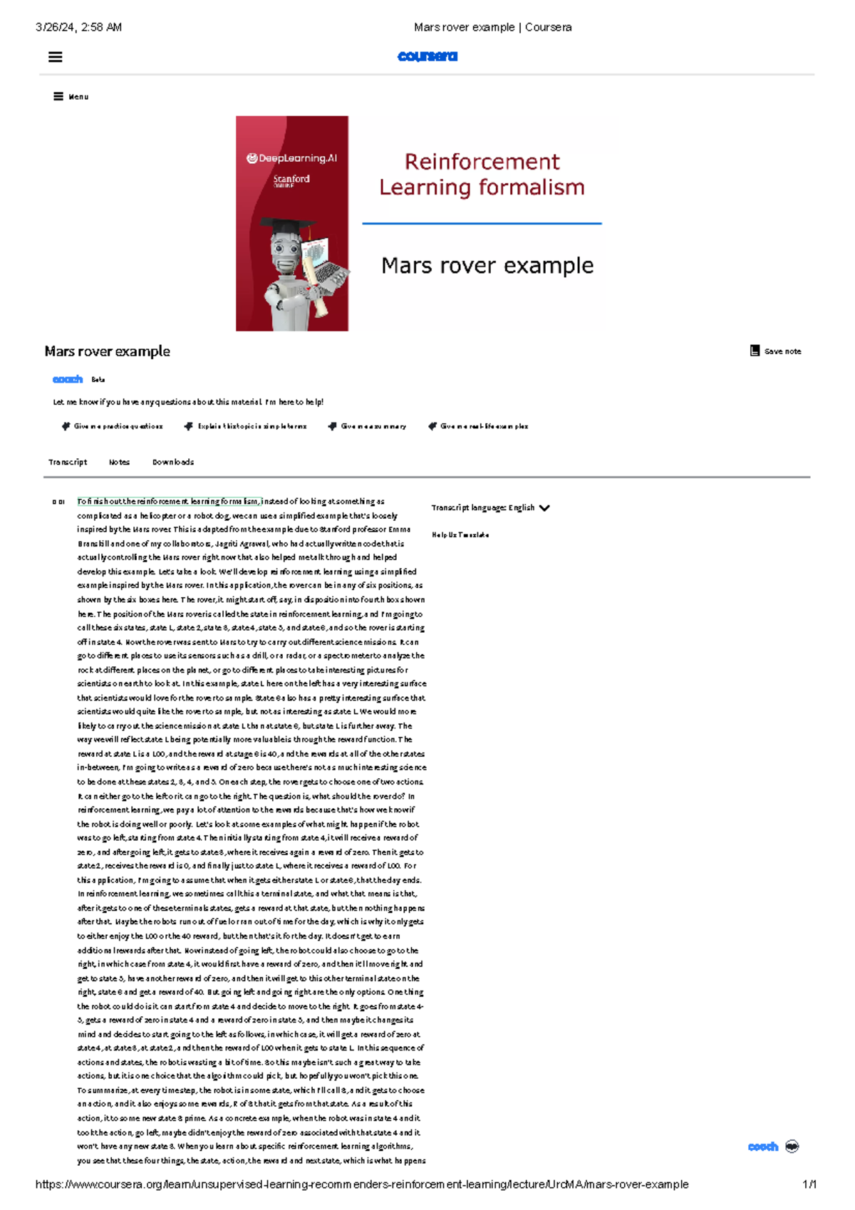 Mars Rover Example: Reinforcement Learning Insights - Coursera - Studocu