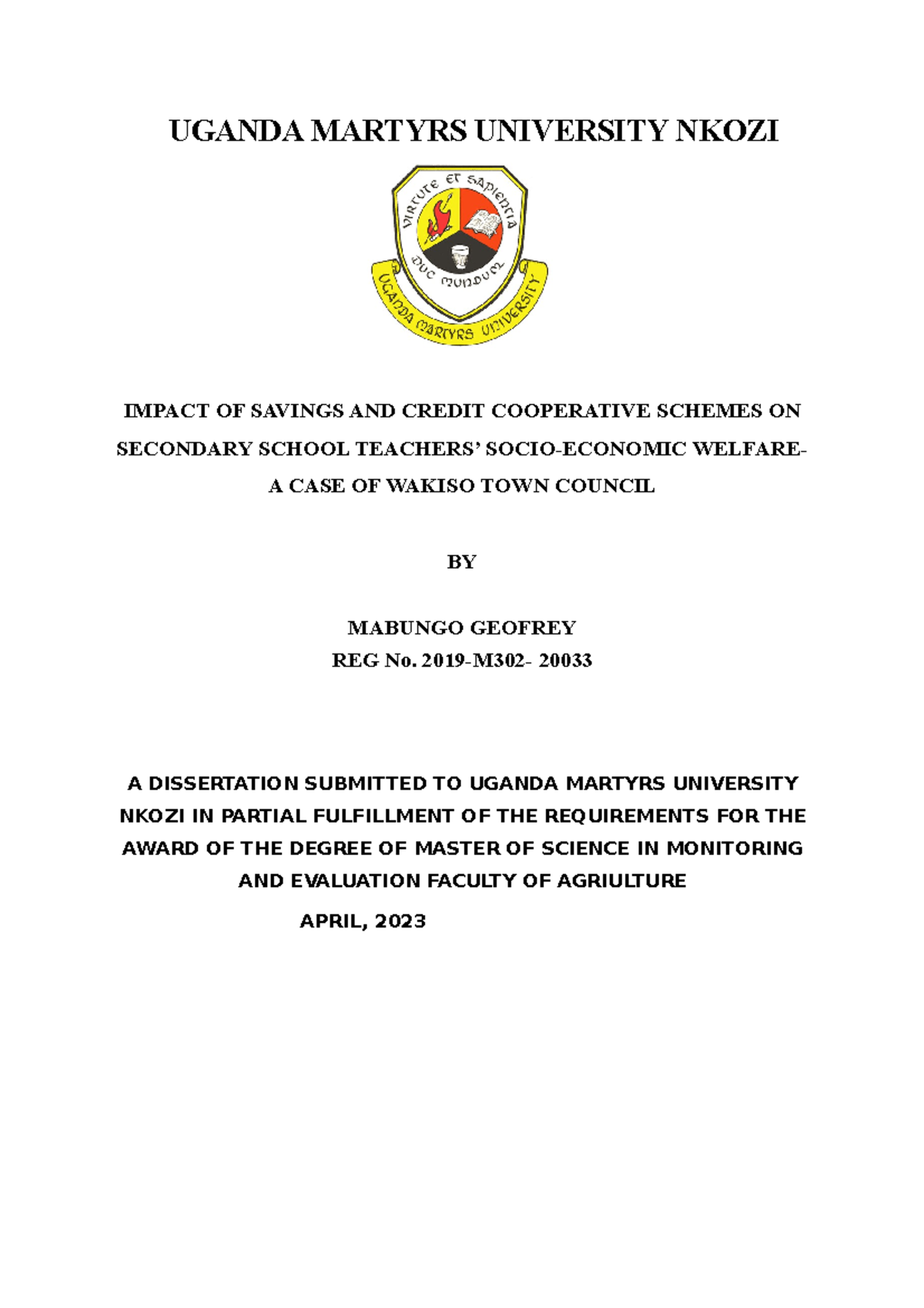 Final Research Report: Impact of SACCOs on Secondary Teachers in Wakiso - Document Preview