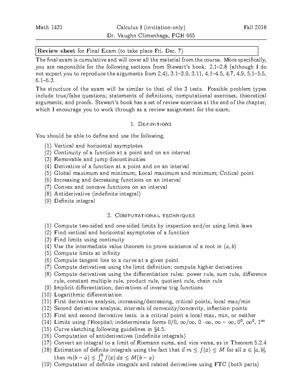 Math 1431 - Final Exam Review Sheet for Calculus I - Studocu