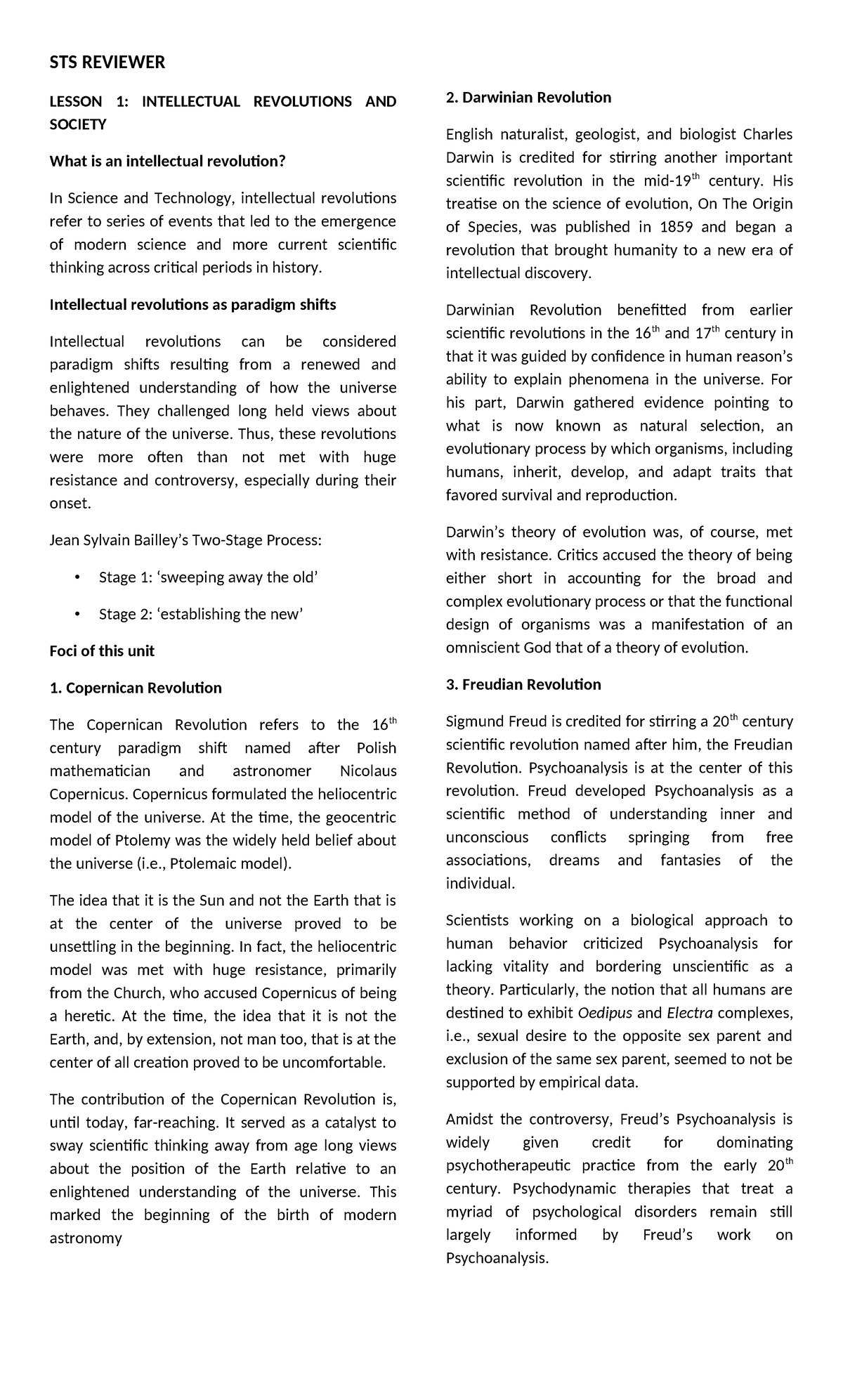 STS 101: Lecture Notes on Intellectual Revolutions in Society - Studocu