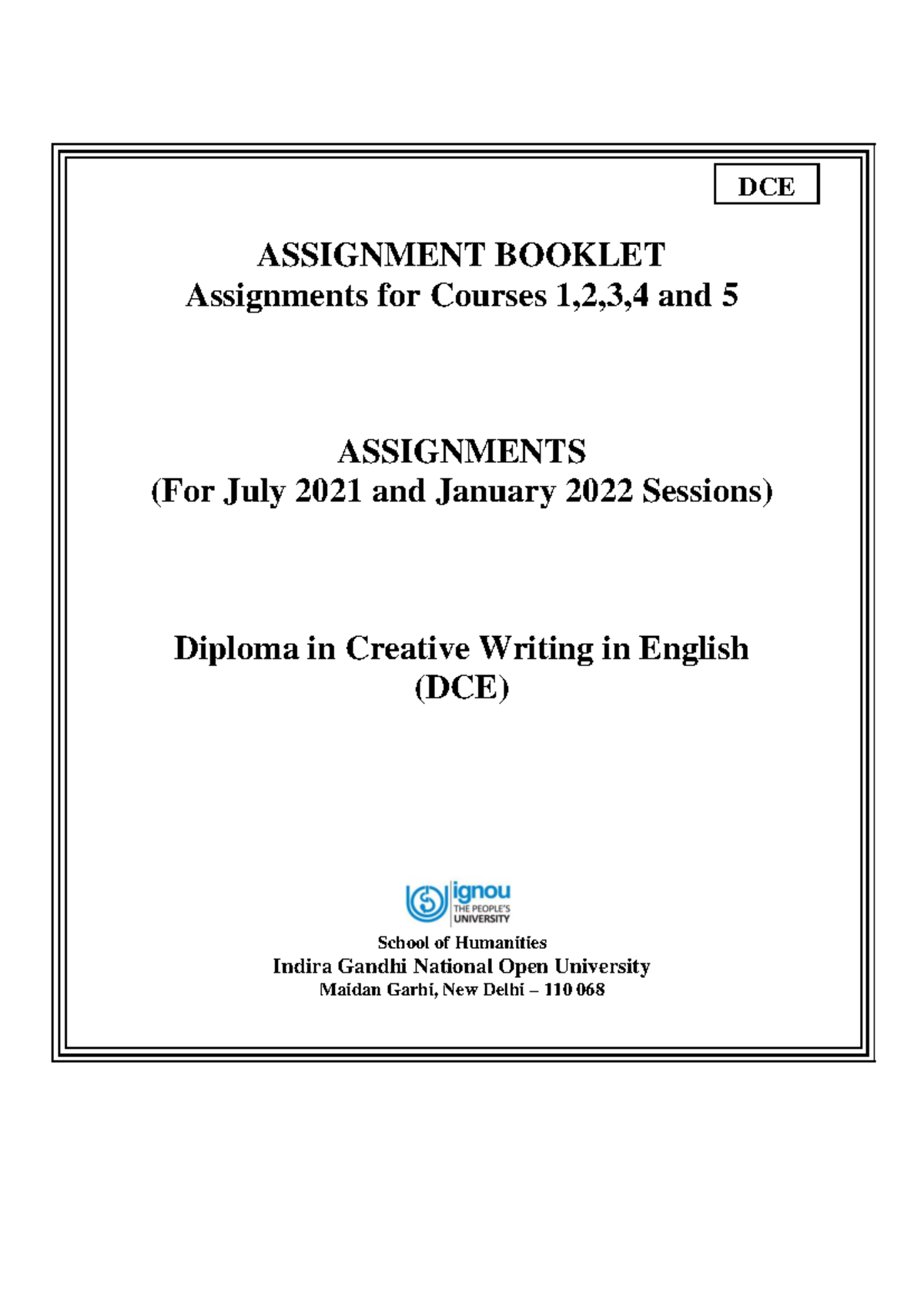 DCE Assignment Booklet: Creative Writing Tasks for 2021-22 Sessions ...