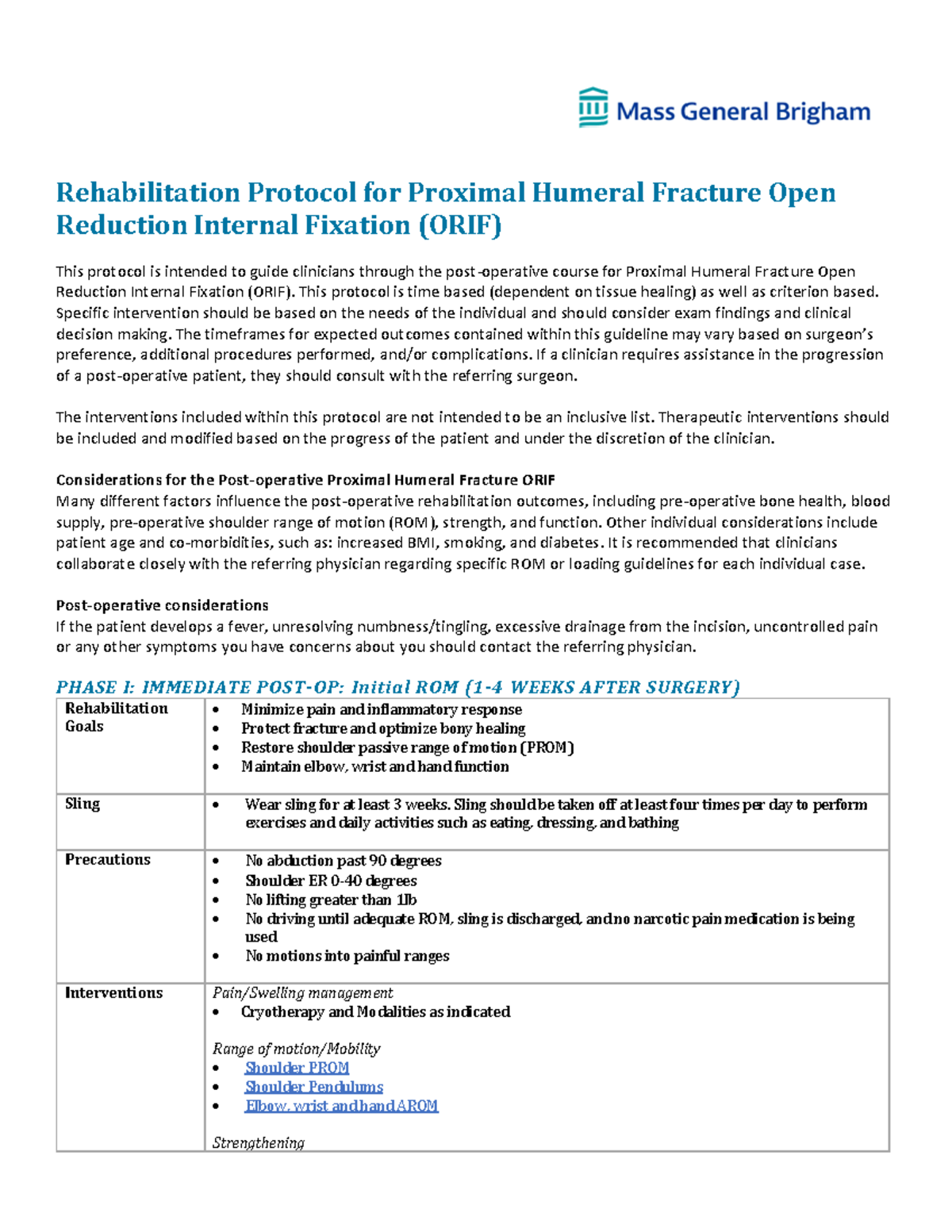 Rehabilitation Protocol for Proximal Humeral Fracture (ORIF) - Studocu