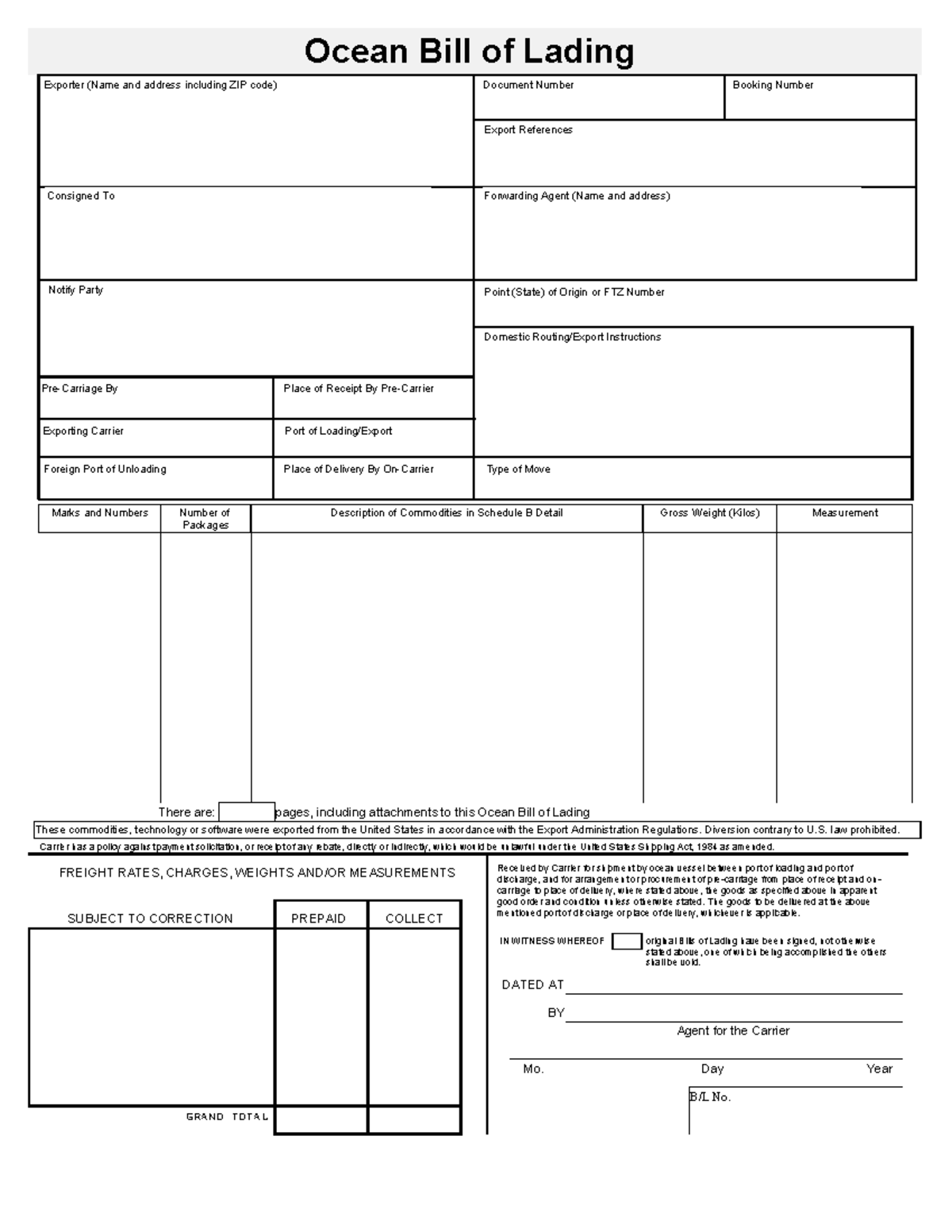 Ocean Bill of Lading Export Document - Details & Regulations - Studocu