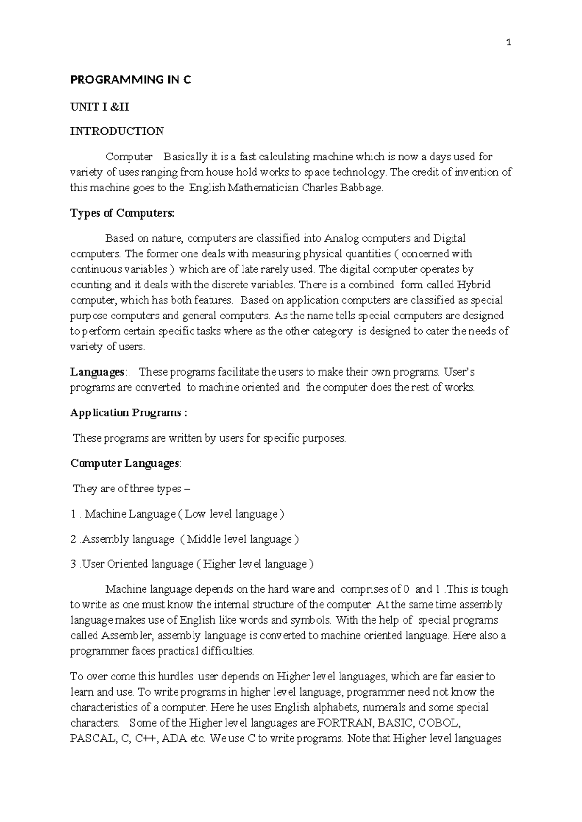 UNIT II - PROGRAMMING IN C - PROGRAMMING IN C UNIT I &II INTRODUCTION ...
