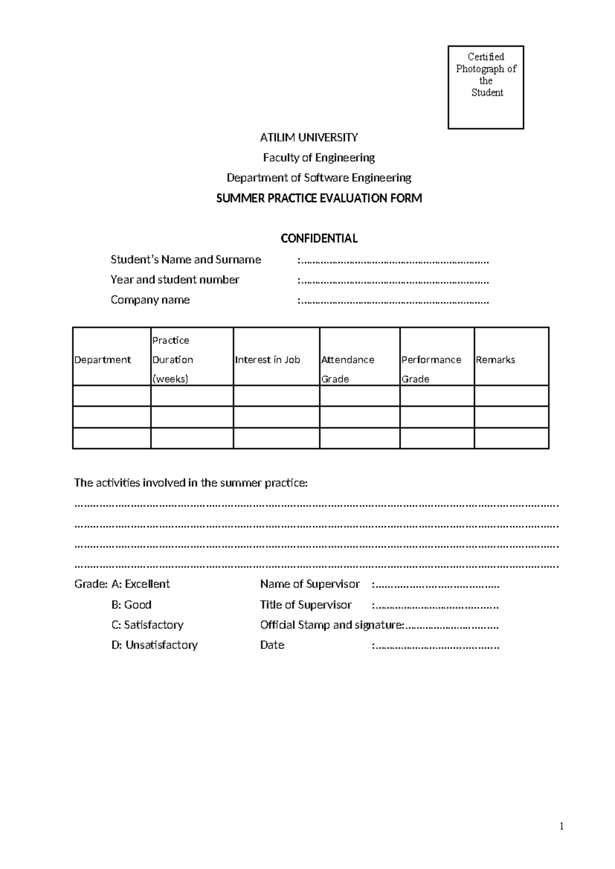 ATILIM UNIVERSITY Software Engineering Summer Practice Evaluation Form ...