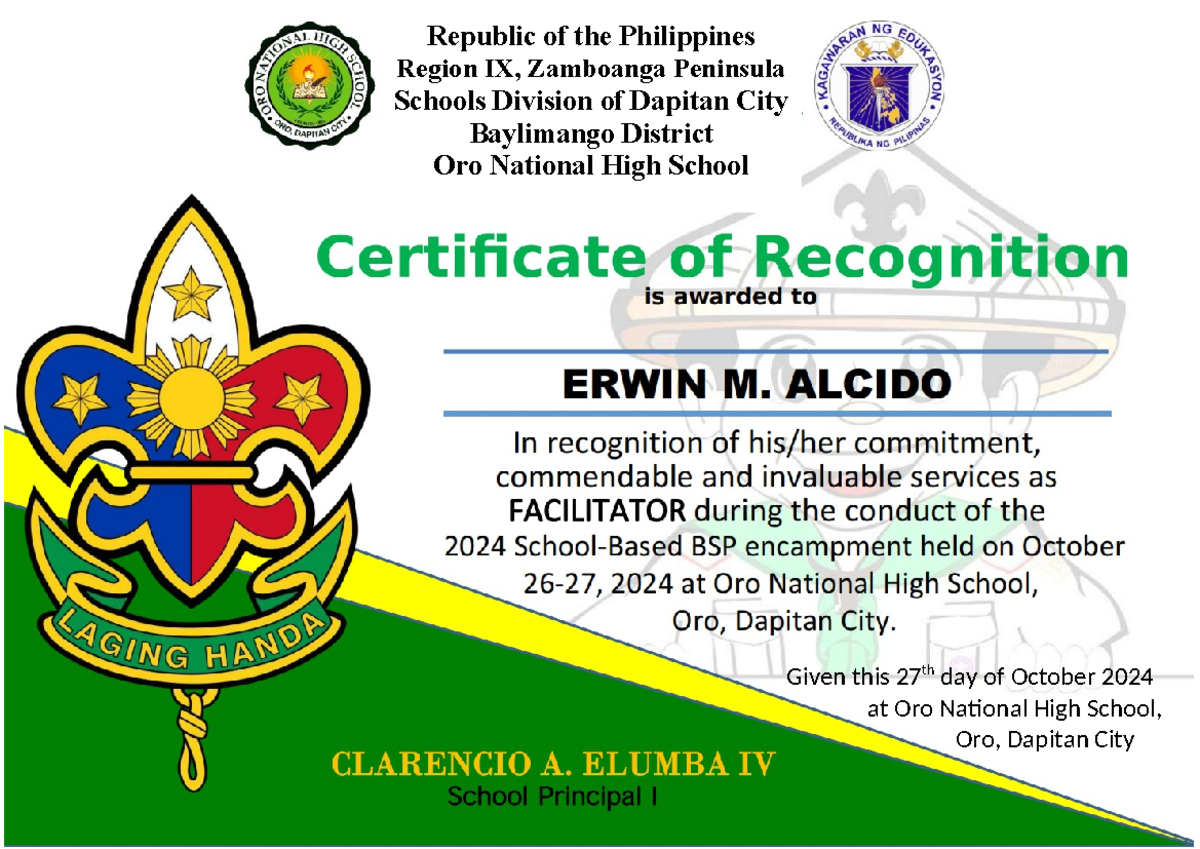 Certificate for Boy Scout Facilitator - Oro National High School - Studocu
