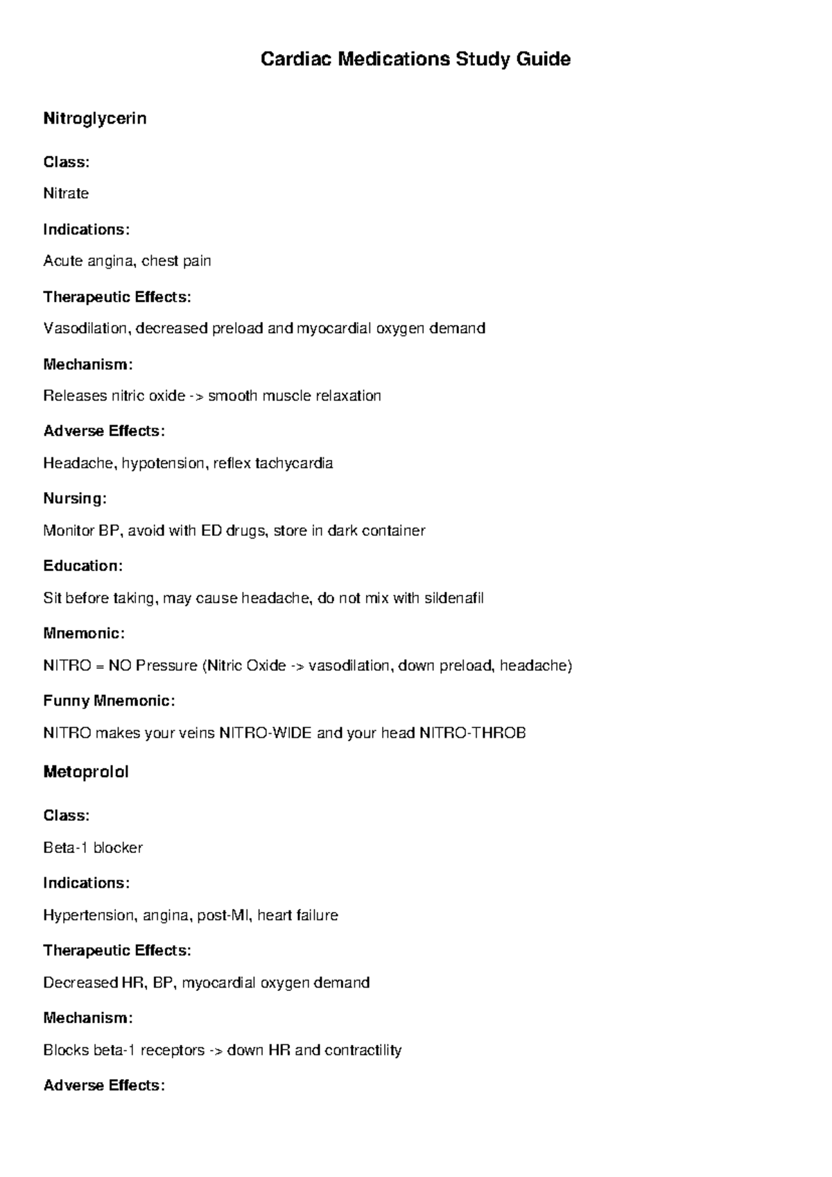 Cardiac Medications Study Guide: Key Drugs & Mnemonics - Studocu