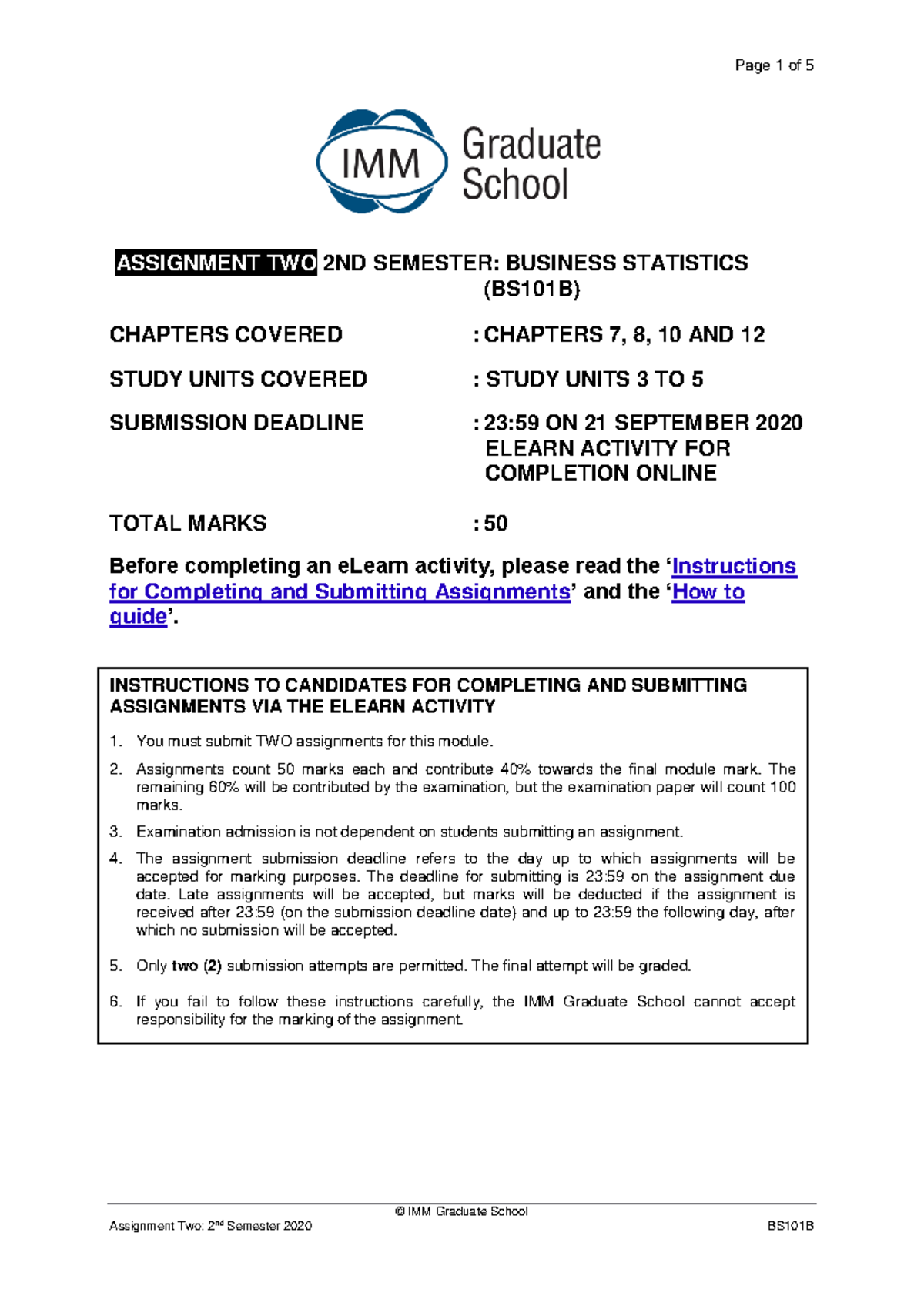 BS101B Business Statistics Assignment 2 Question Paper 2020 - Studocu