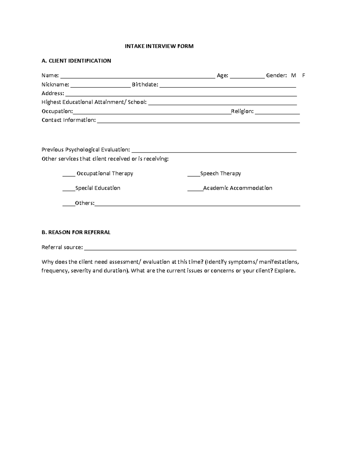 Intake Interview FORM - INTAKE INTERVIEW FORM A. CLIENT IDENTIFICATION ...