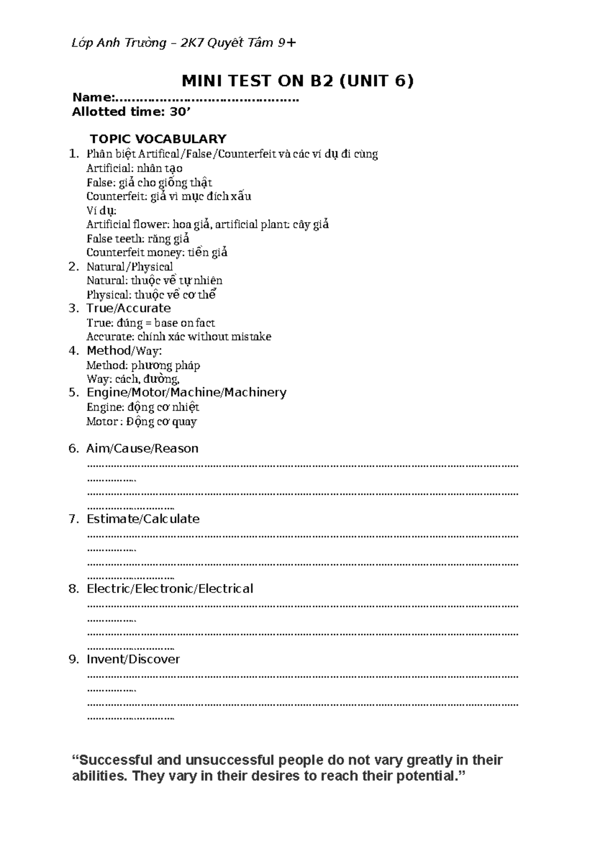 MINI TEST B2 UNIT 6 - Vocabulary and Phrasal Verbs Overview - Studocu