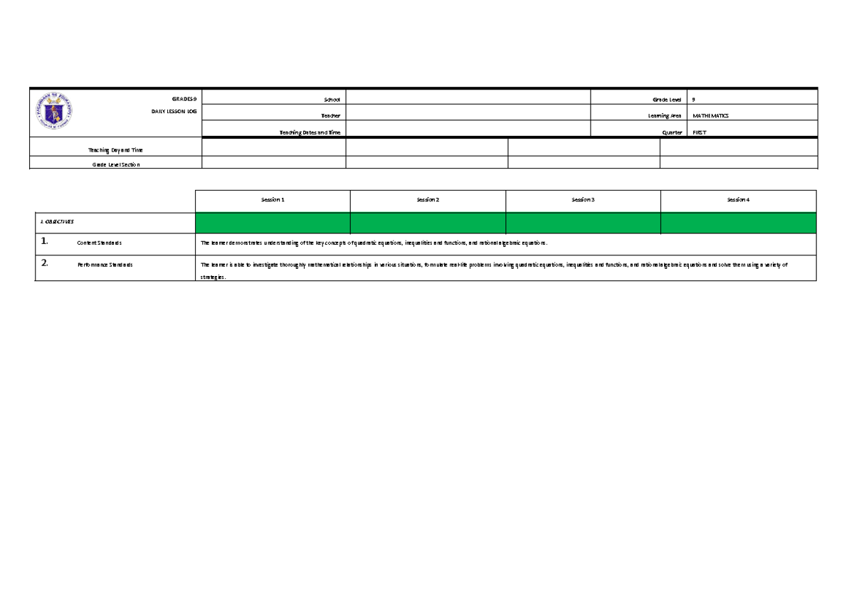 DLL-WK 1-LC 1 - Quarter 1 week 1 MAthematics 9 DLL - GRADES 9 DAILY ...