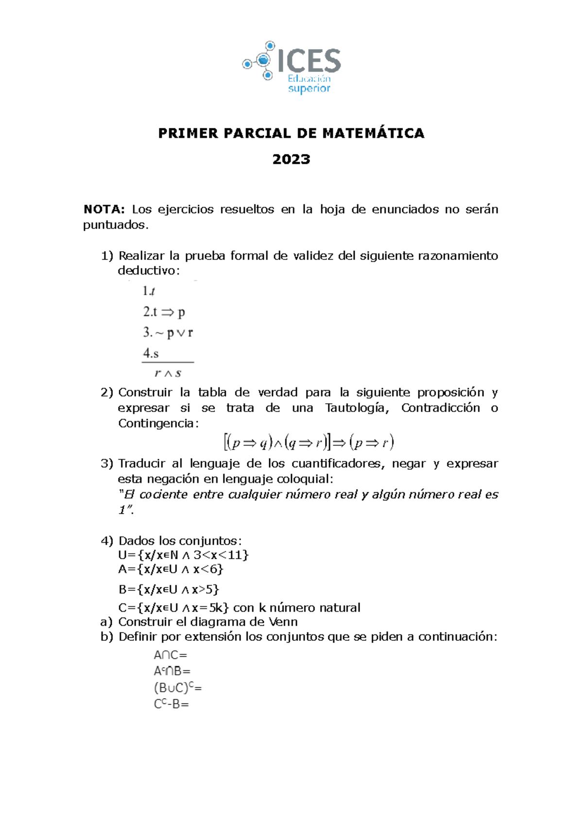 Primer Parcial de Matemática 2023: Ejercicios y Teoría - Studocu