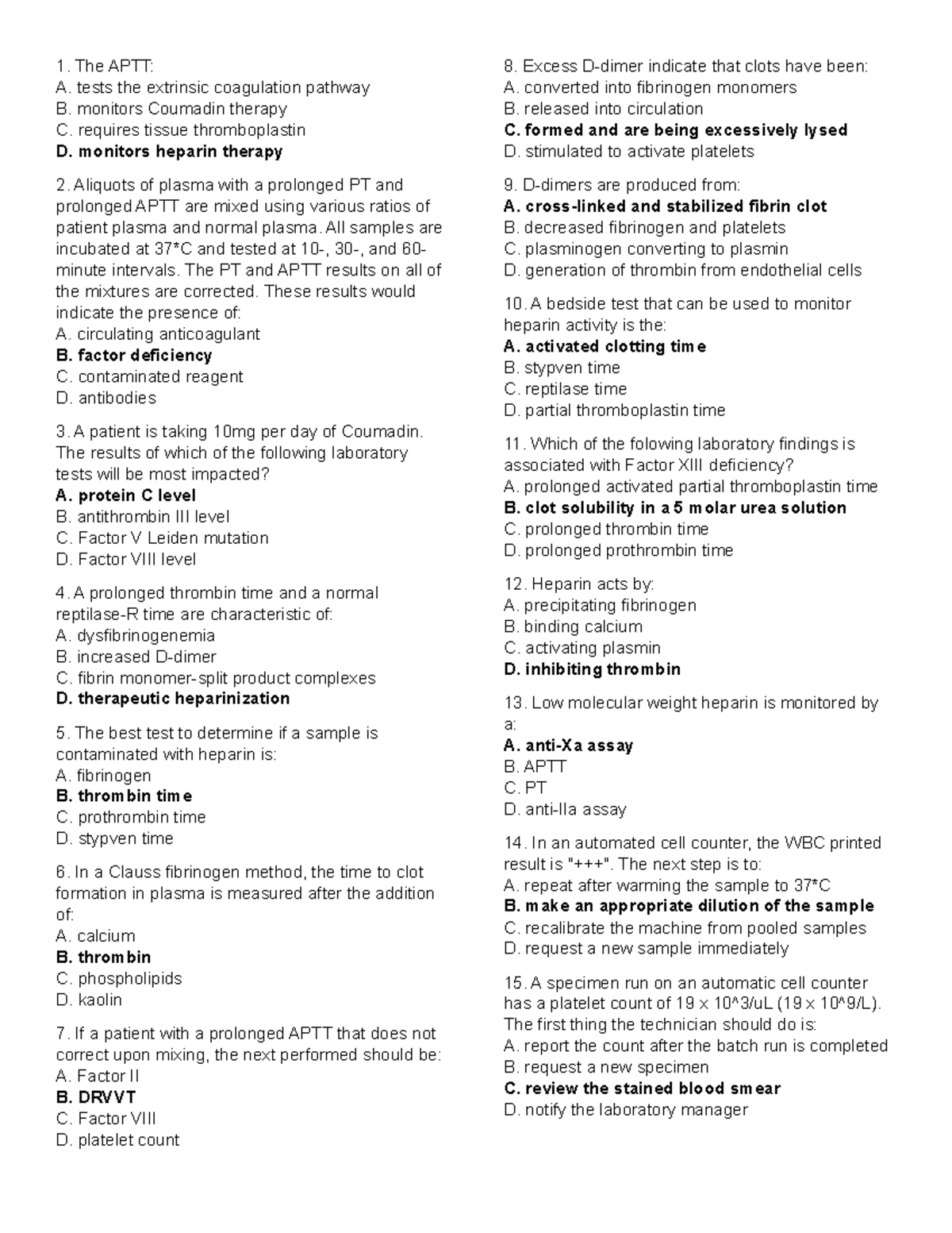 HEMA 2 - PRACTICE QUIZZES ON COAGULATION AND HEMATOLOGY - Studocu