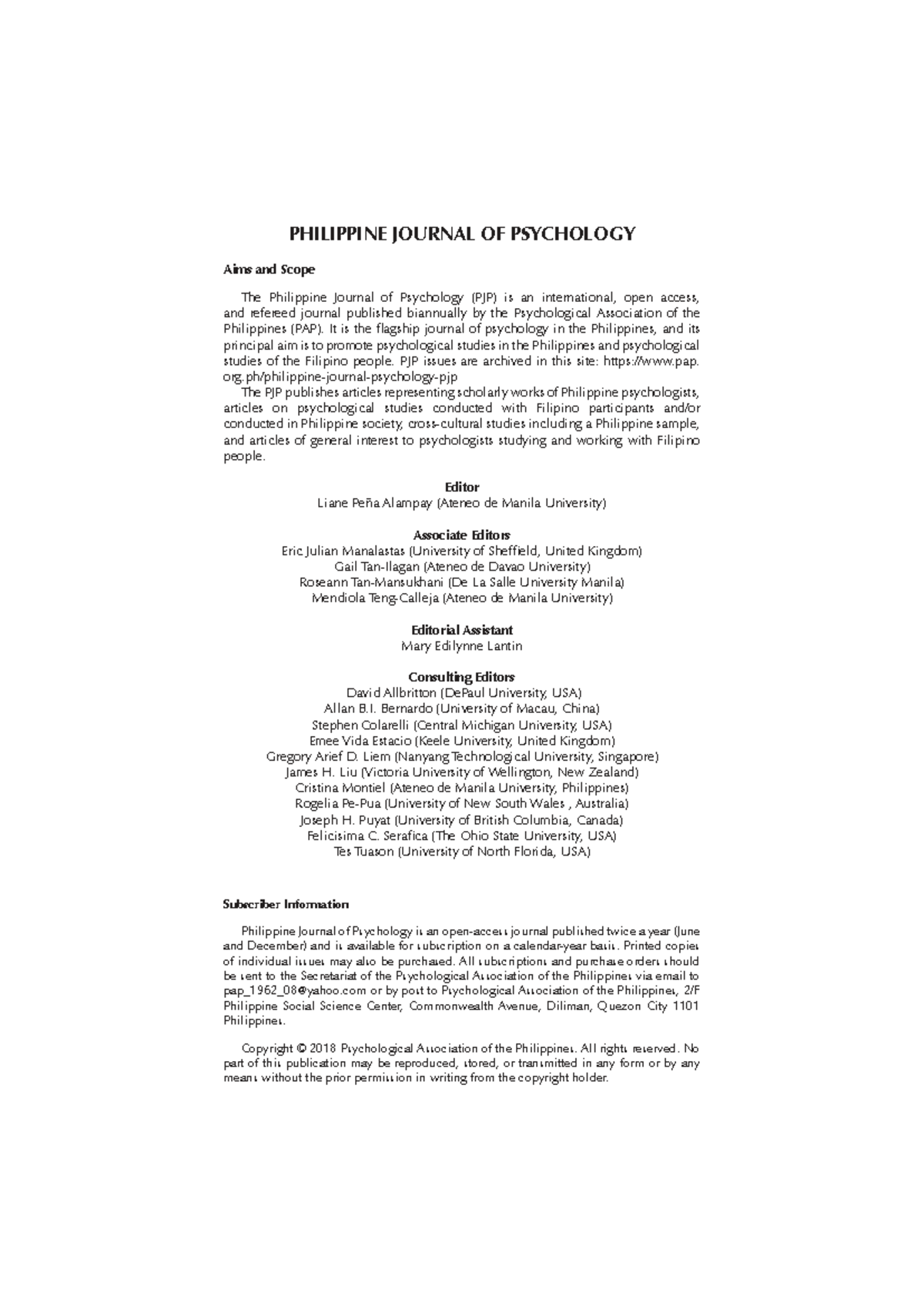 Philippine Journal of Psychology Vol. 51: Aims & Scope Overview - Studocu