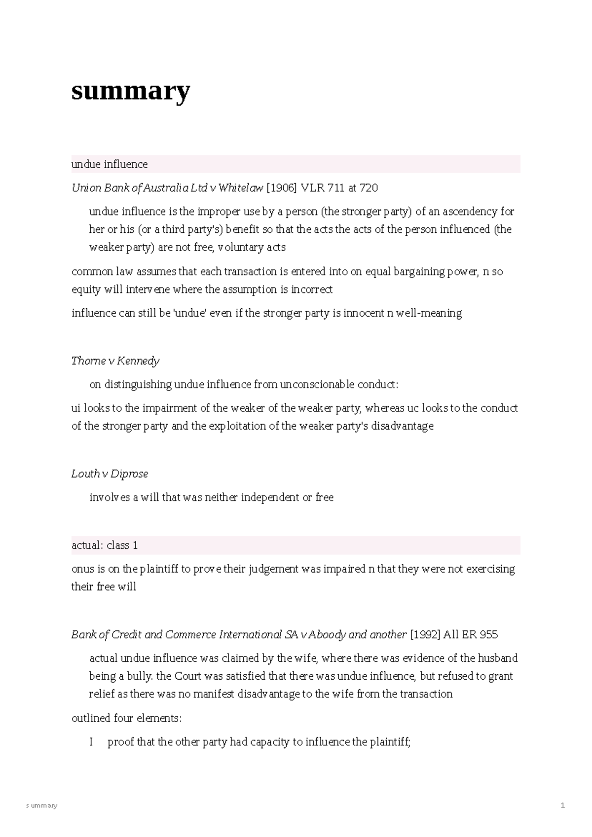 Principles of Equity - Undue Influence Notes Summary (Course Code: 123 ...