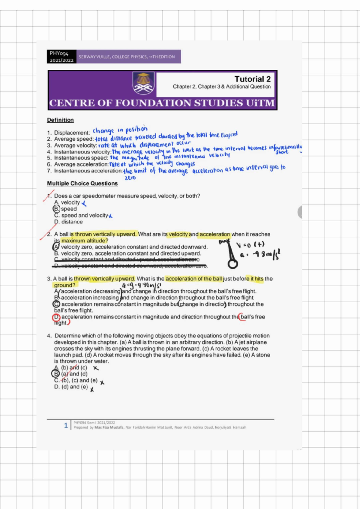 PHY094 College Physics 11th Ed. Tutorial 2: Additional Questions ...