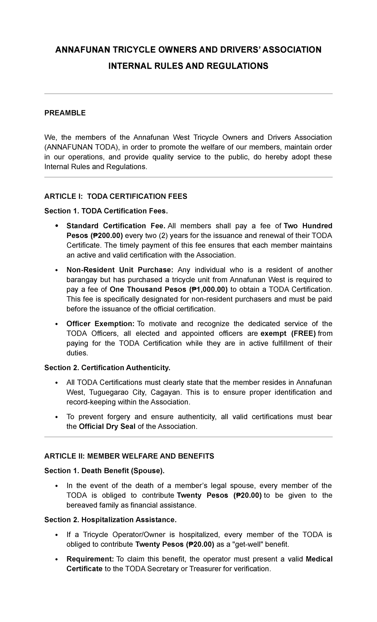 ANNAFUNAN TODA Internal Rules & Regulations Document - Studocu