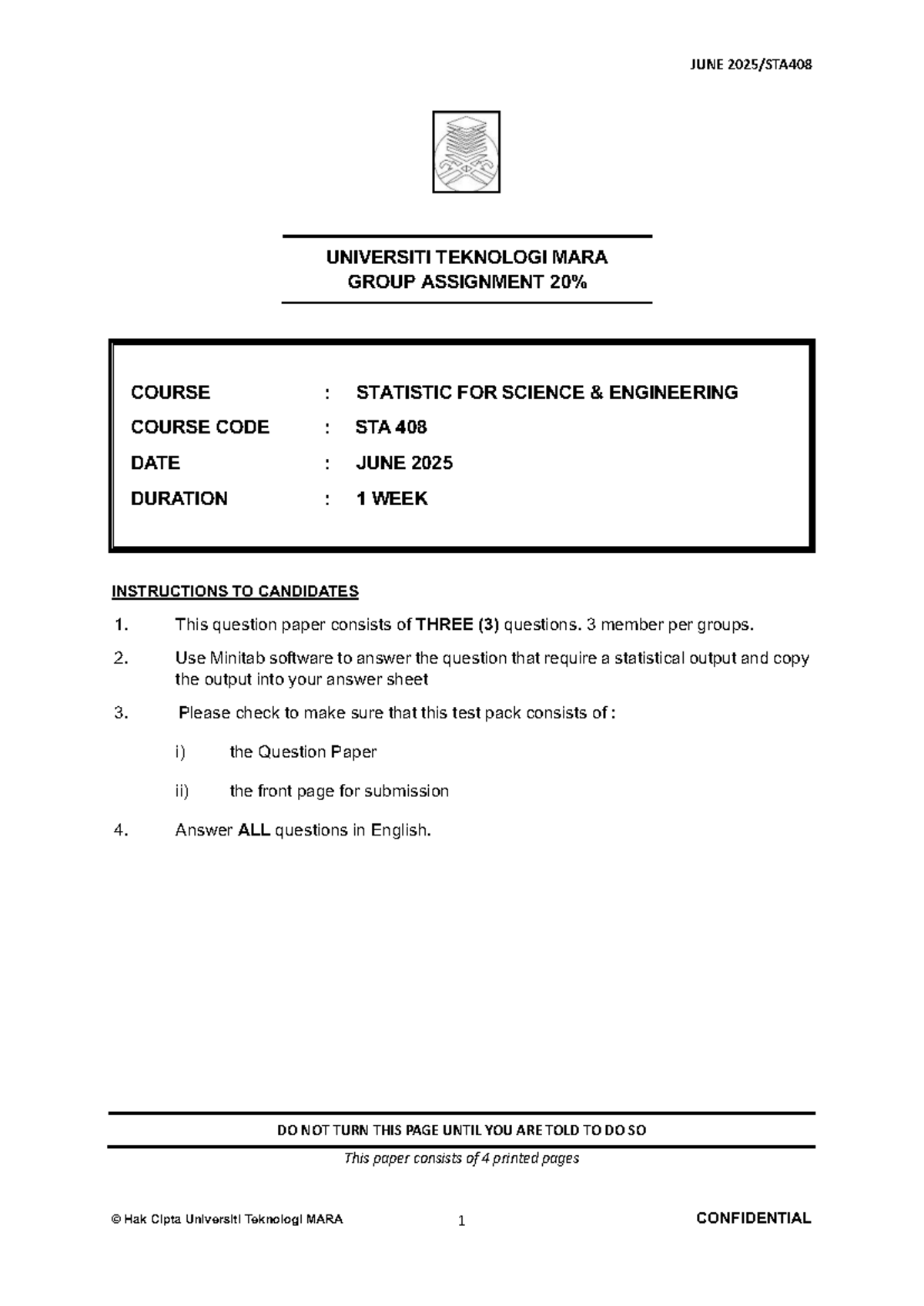 Group Assignment: Statistics for Science Engineering (STA408) - June ...