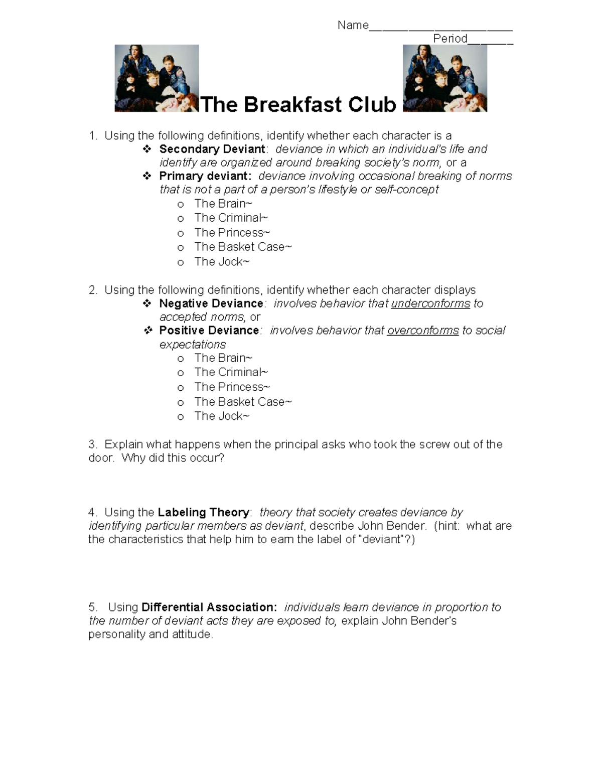 Breakfast Club Movie Guide: Analyzing Deviance and Characters - Studocu