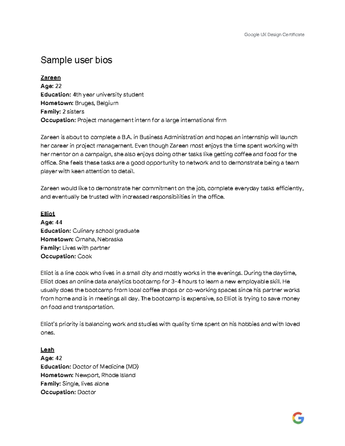 Google UX Design Certificate: Sample User Bios Analysis - Studocu