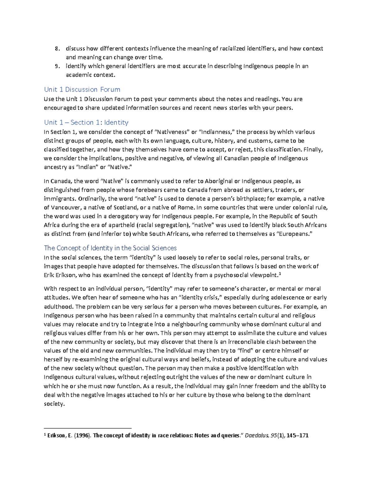 INST 203 Indigenous Studies 1 Unit 1 Identity Discussion and Notes ...
