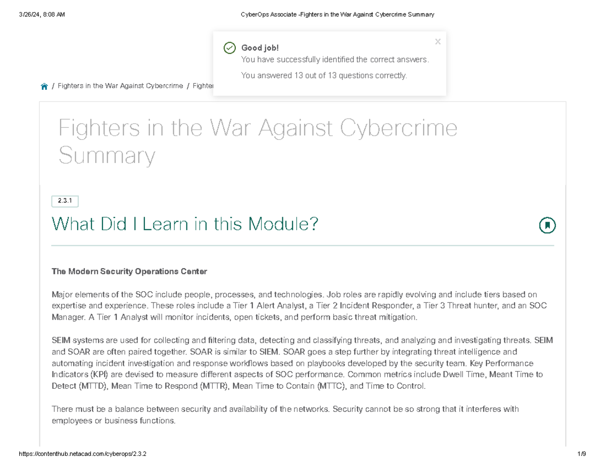 CyberOps Associate: Fighters in the War Against Cybercrime Summary ...