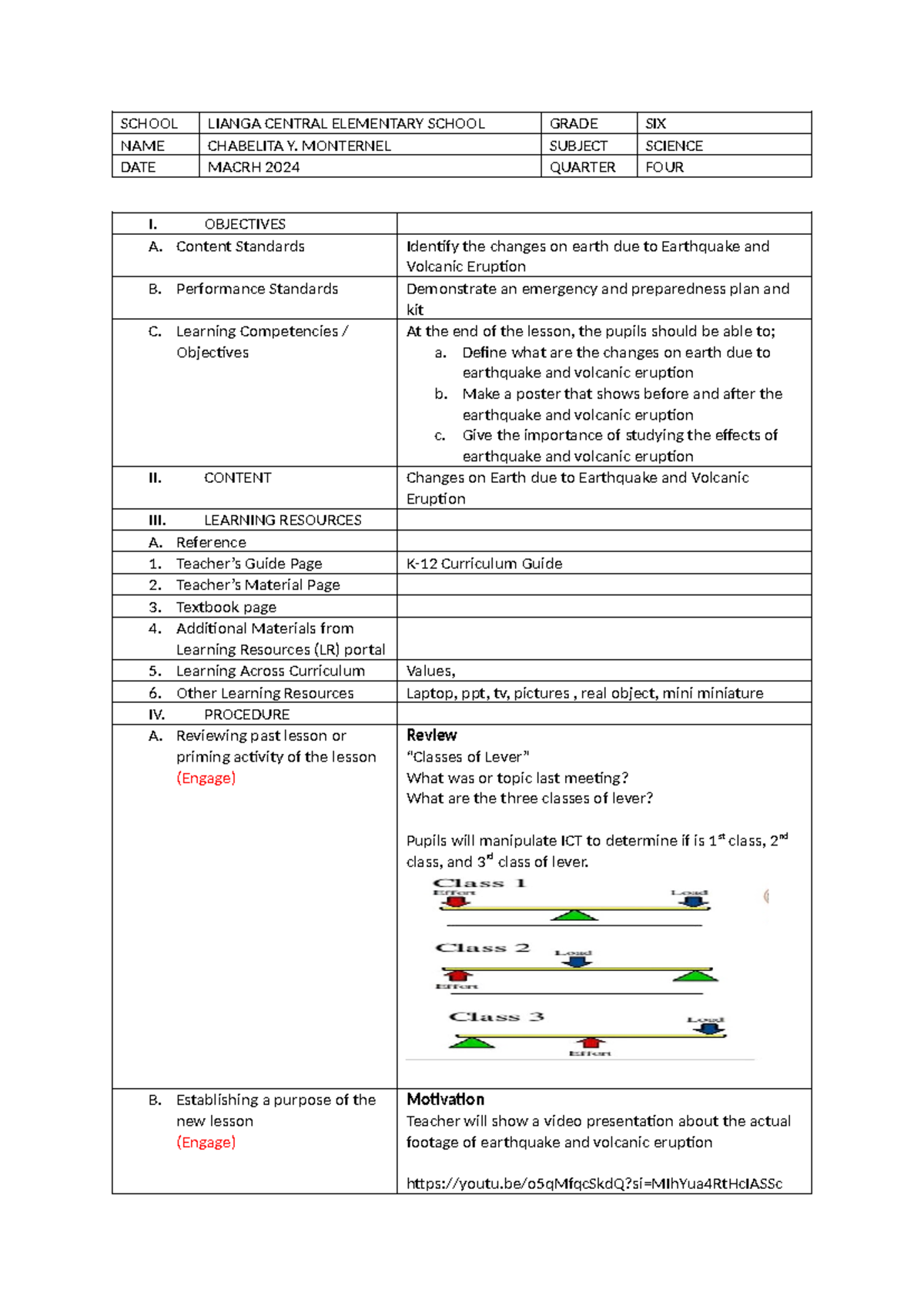 Grade 6 Science 9th Lesson Plan: Earthquake & Volcanic Eruption - Studocu