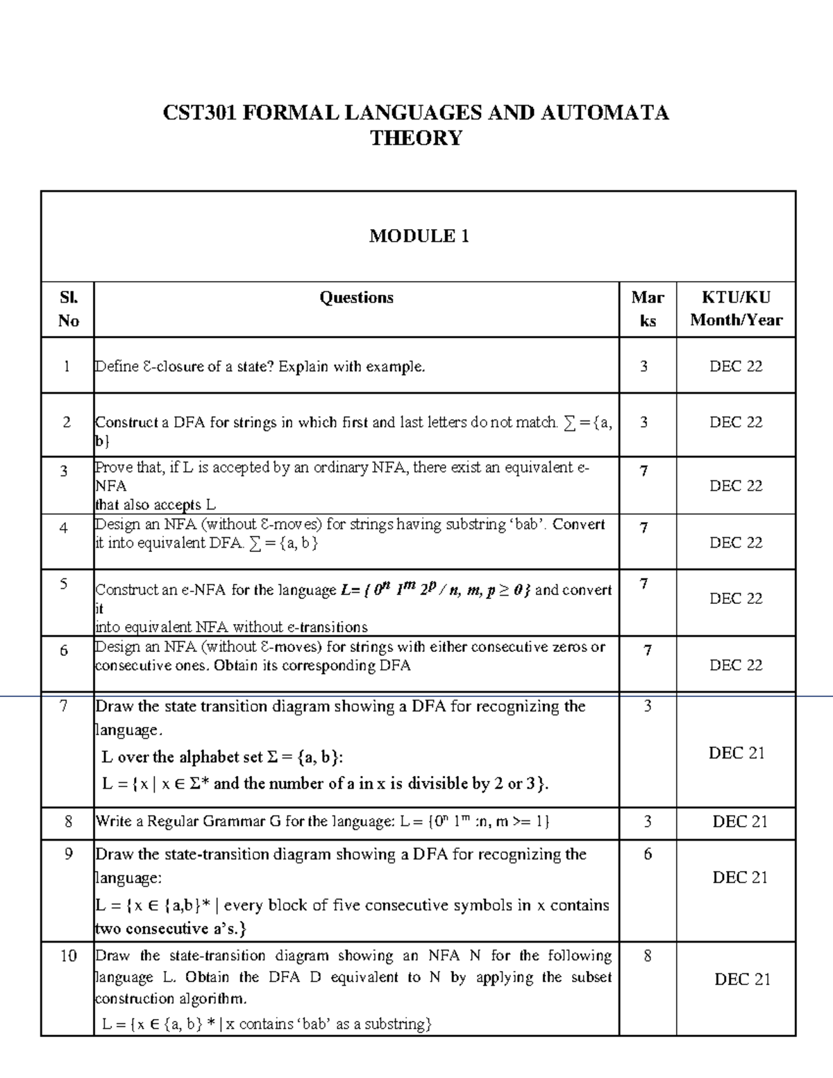 CST301 Formal Languages and Automata Theory Question Bank (Modules 1-5 ...