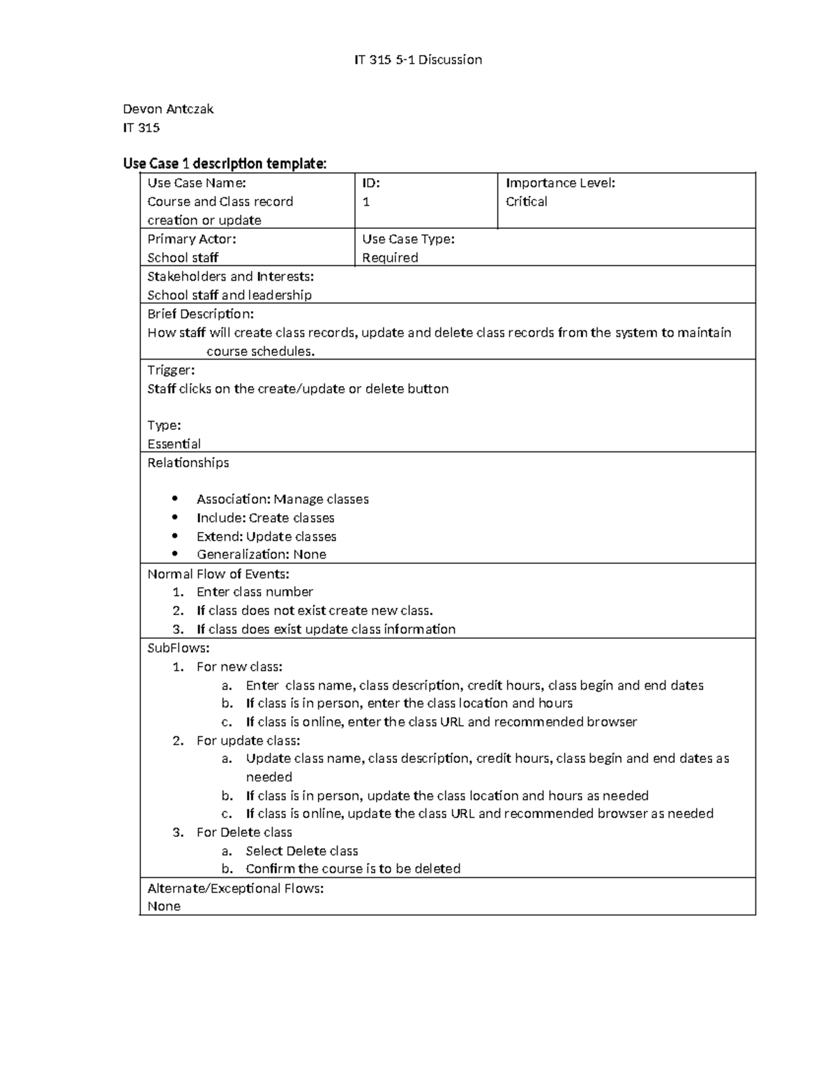 IT 315 Use Case 1: Class Record Management Discussion by Devon Antczak ...