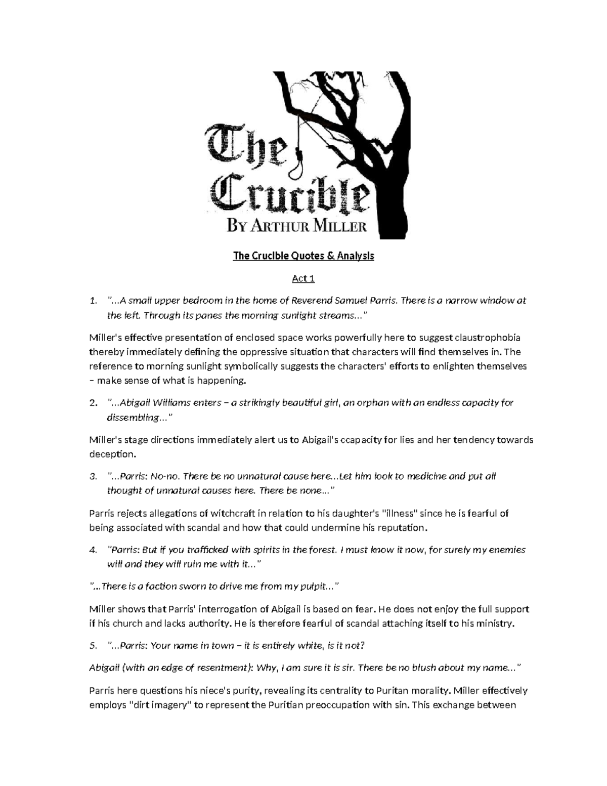 The Crucible Quotes & Analysis: Act 1 Insights (471827722) - Studocu