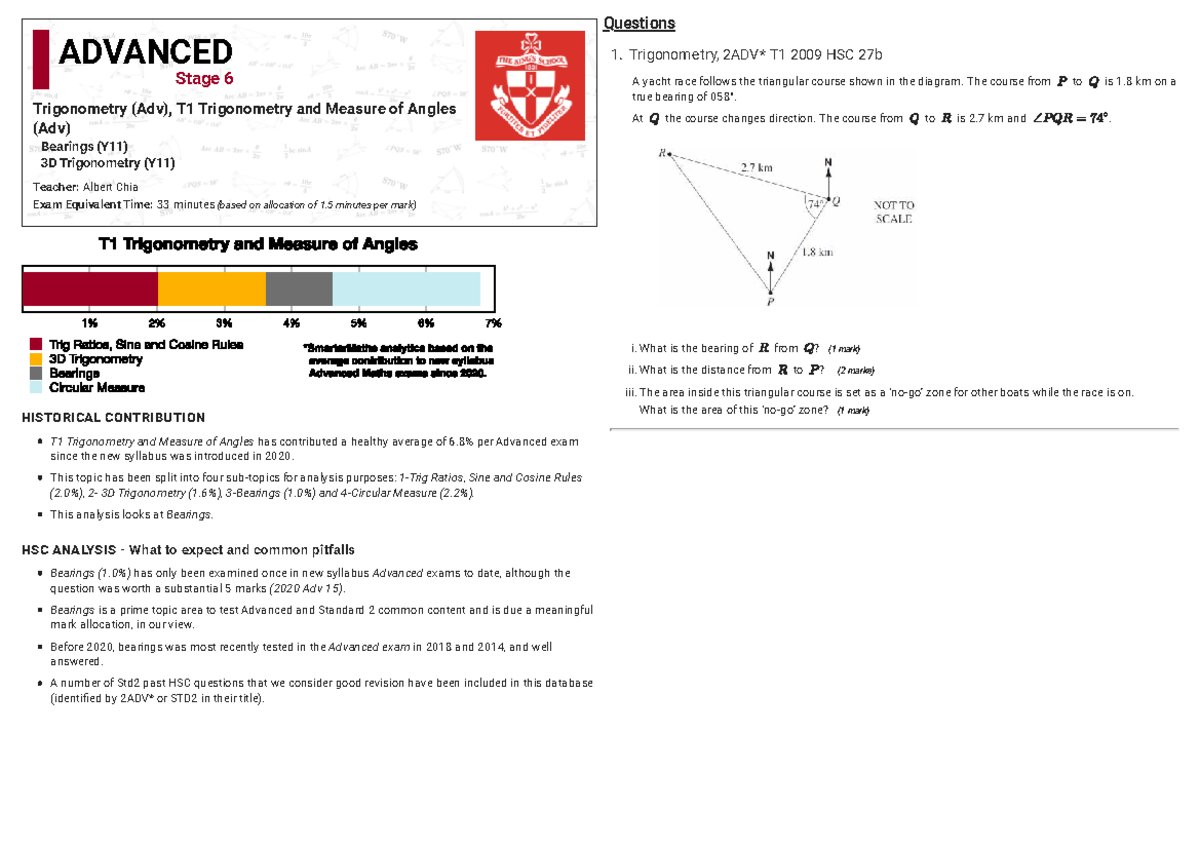 Bearings and 3D Trigonometry: Advanced Stage 6 T1 Exam Notes - Studocu