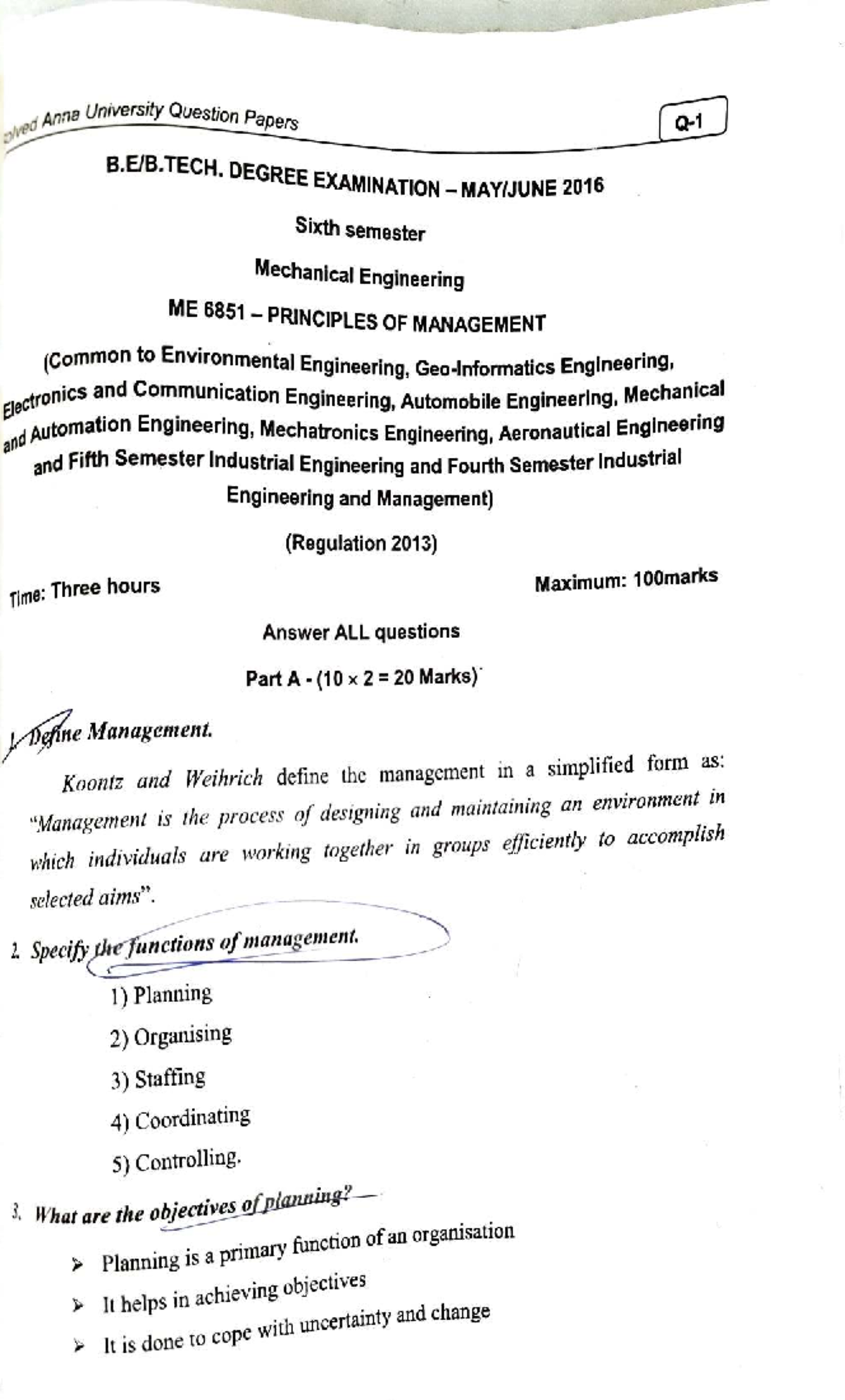 Solved Anna University Question Papers ME PRINCIPLES OF MANAGEMENT ...