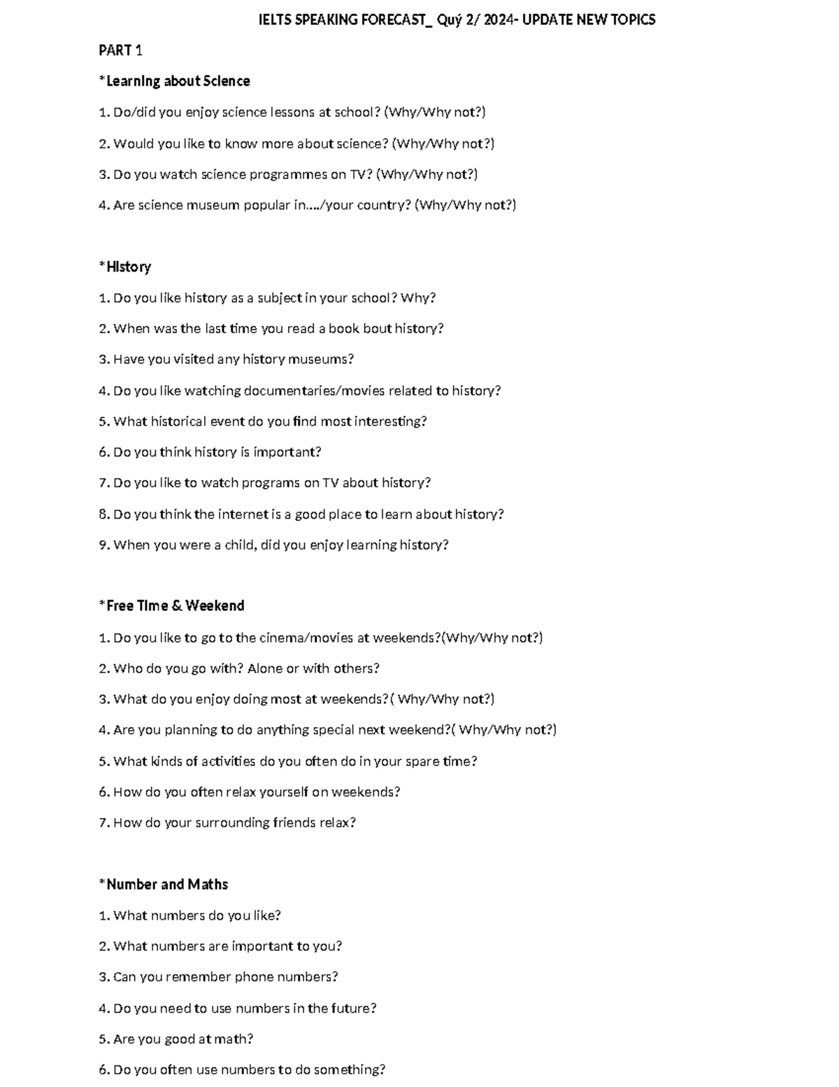 IELTS Speaking Forecast Q2 2024: New Topics & Questions - Studocu