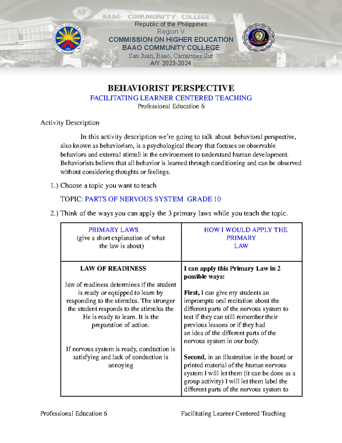 Reflection Paper on Facilitating Learner-Centered Teaching in BSED ...