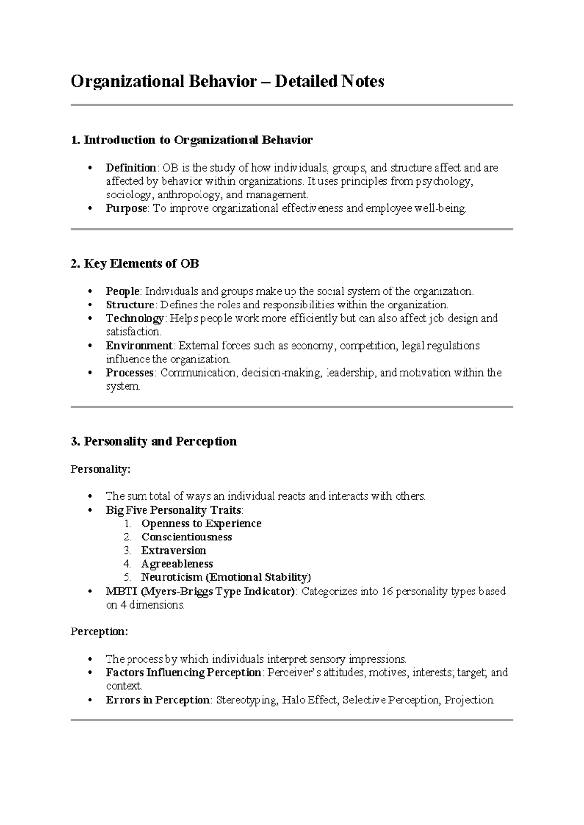 OB 101: Comprehensive Notes on Organizational Behavior Concepts - Studocu