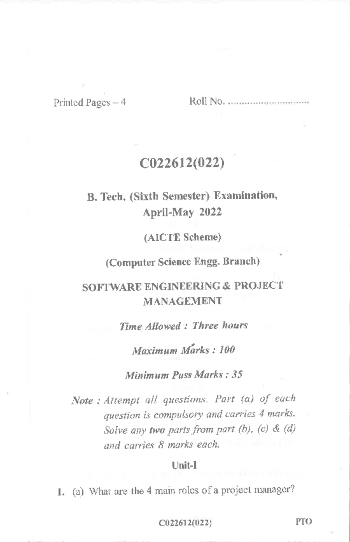 2022 B. Tech. C022612(022) Software Engg. & Project Mngmnt Exam Notes ...