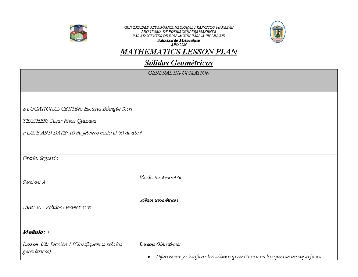 MAT 2026: Lesson Plan on Geometric Solids for 2nd Grade - Studocu
