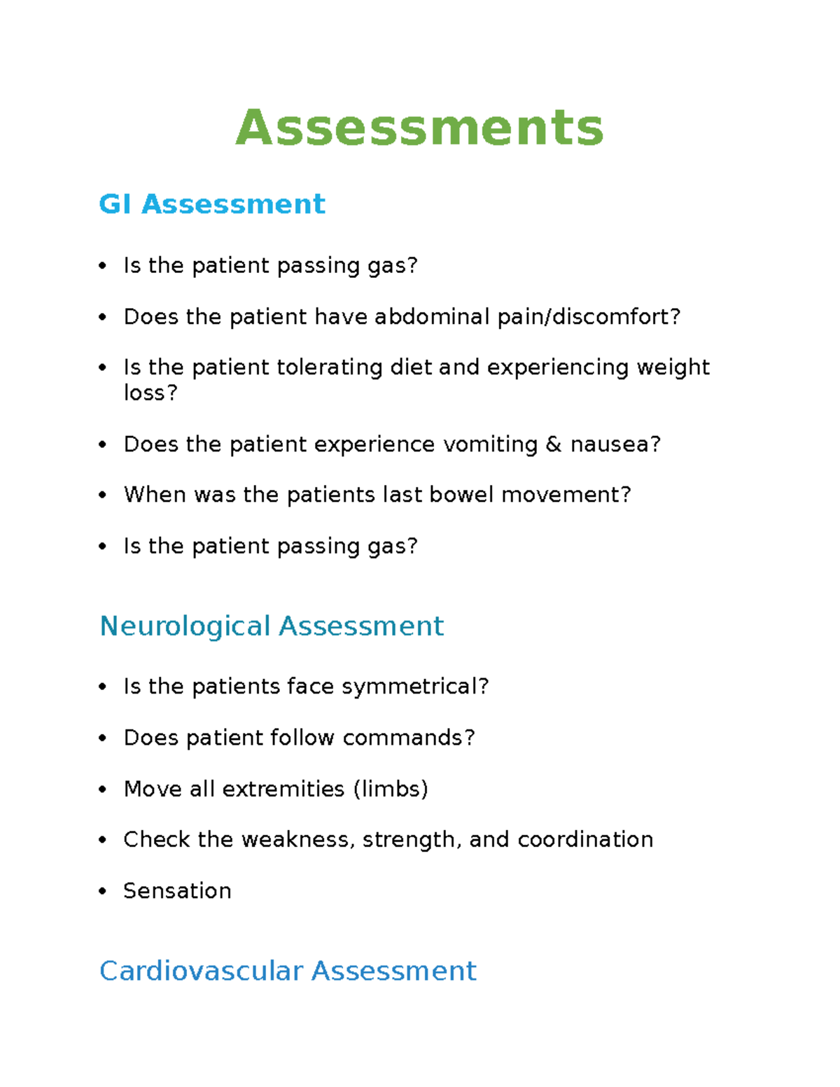 Nursing Assessments Overview: GI, Neuro, Cardio, Respiratory, & More ...