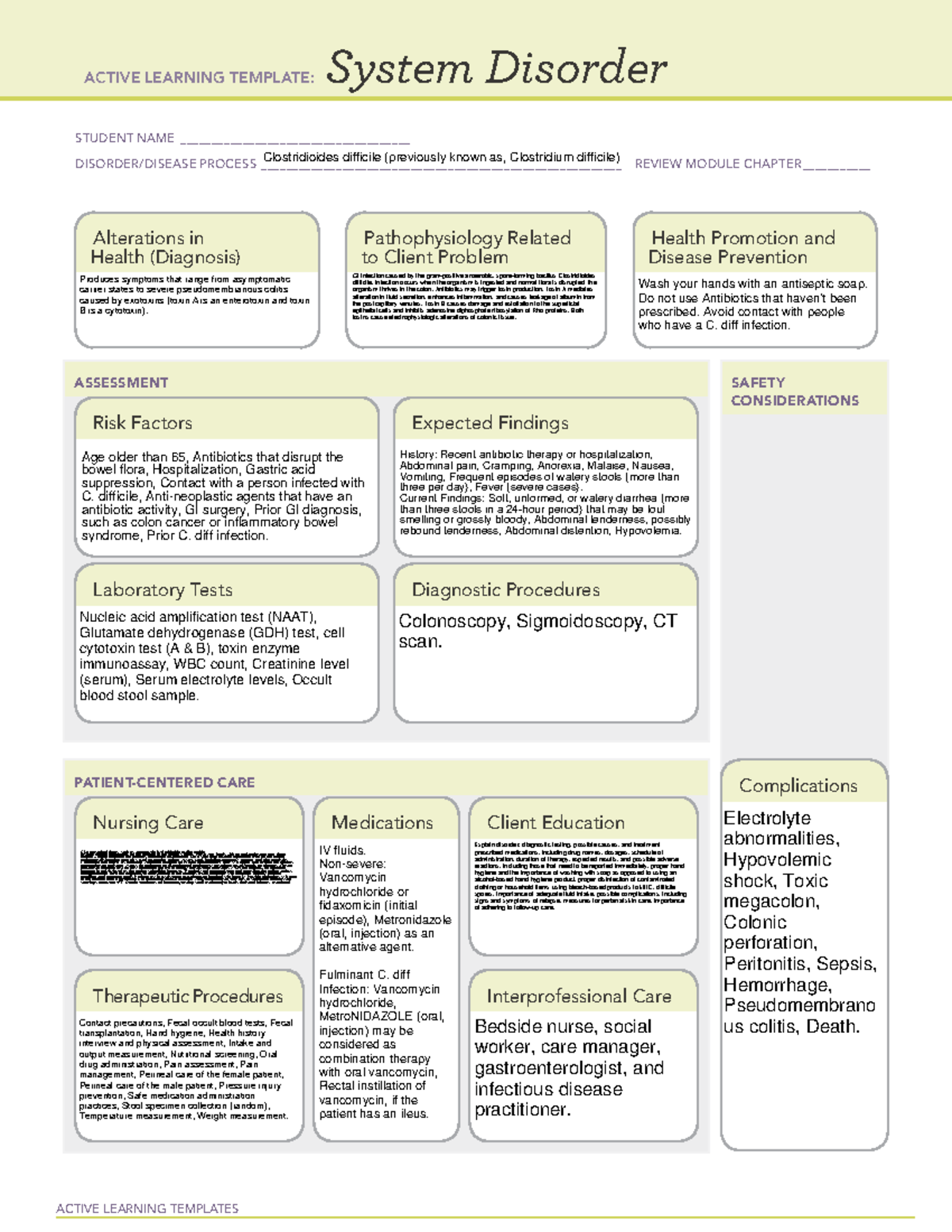 ATI - System Disorder Template: Clostridioides difficile Overview - Studocu