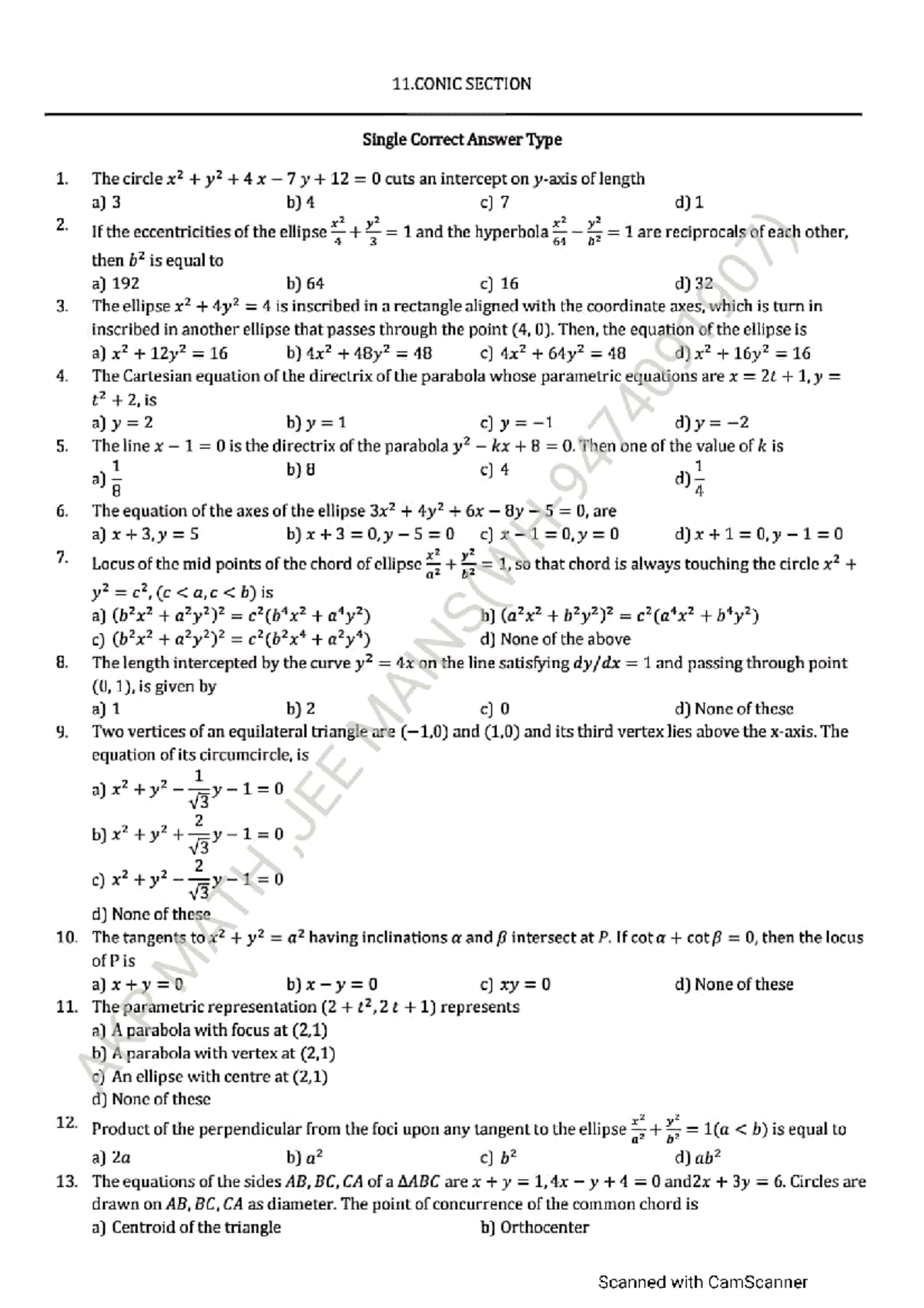 Conic Section - JEE Main Practice Material for Single Correct Answer ...