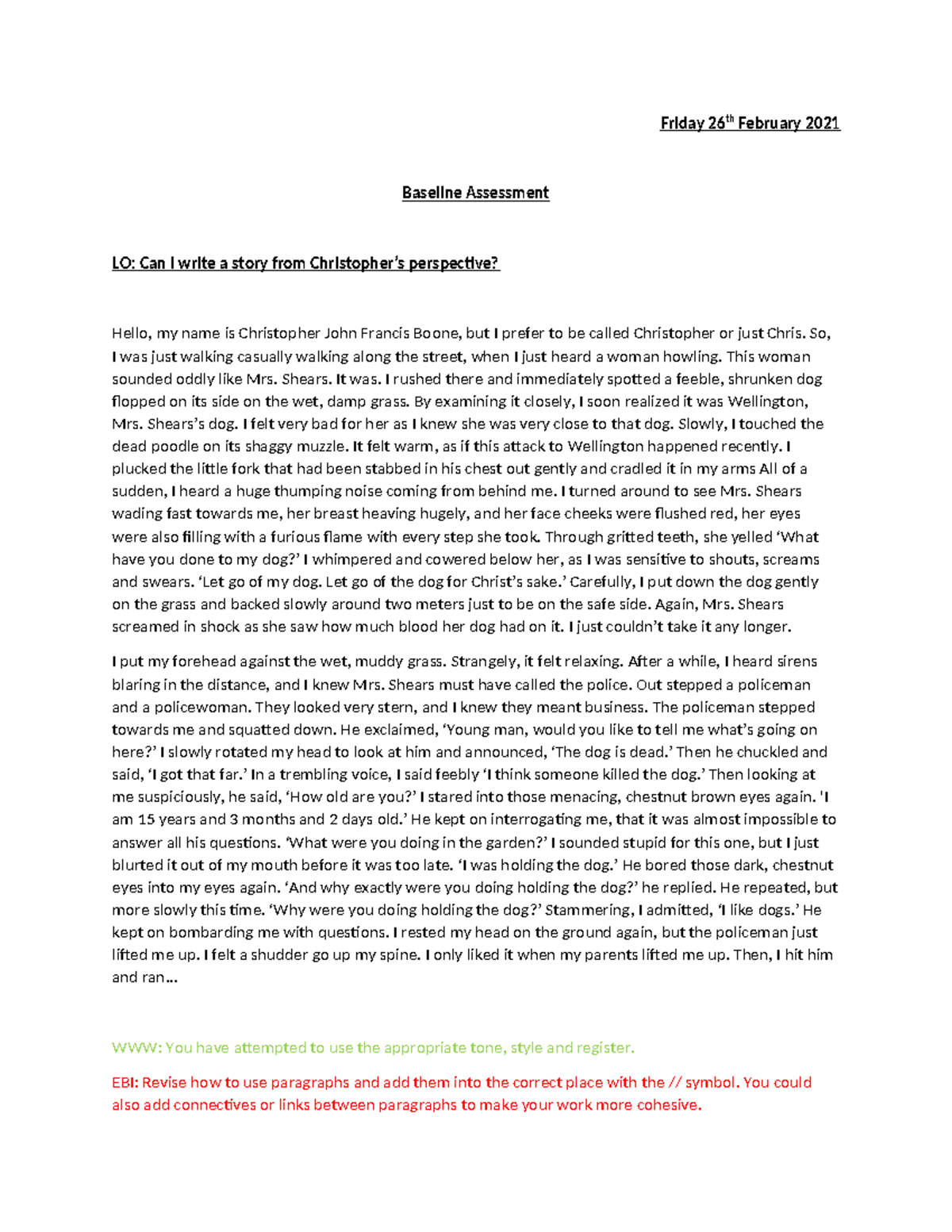 Baseline Assessment: Writing from Perspective - Arahn Christopher's ...