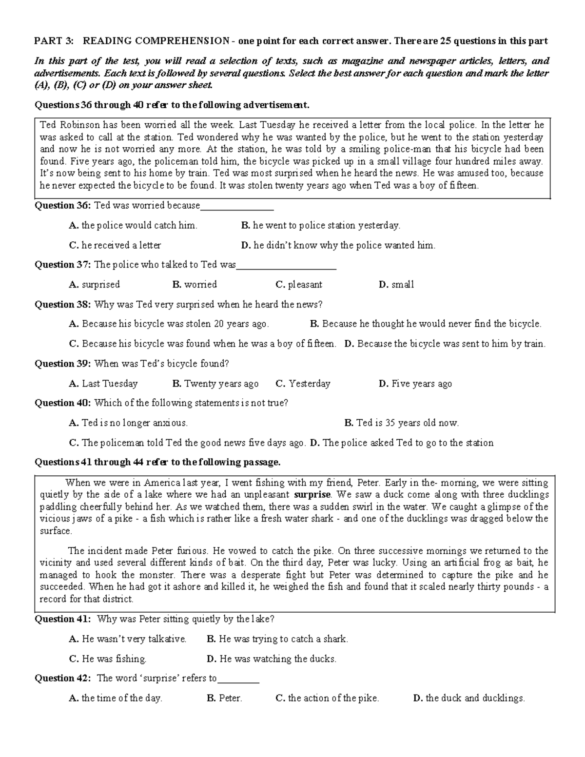 Extra Reading - Test on Reading Comprehension Exercises - Studocu